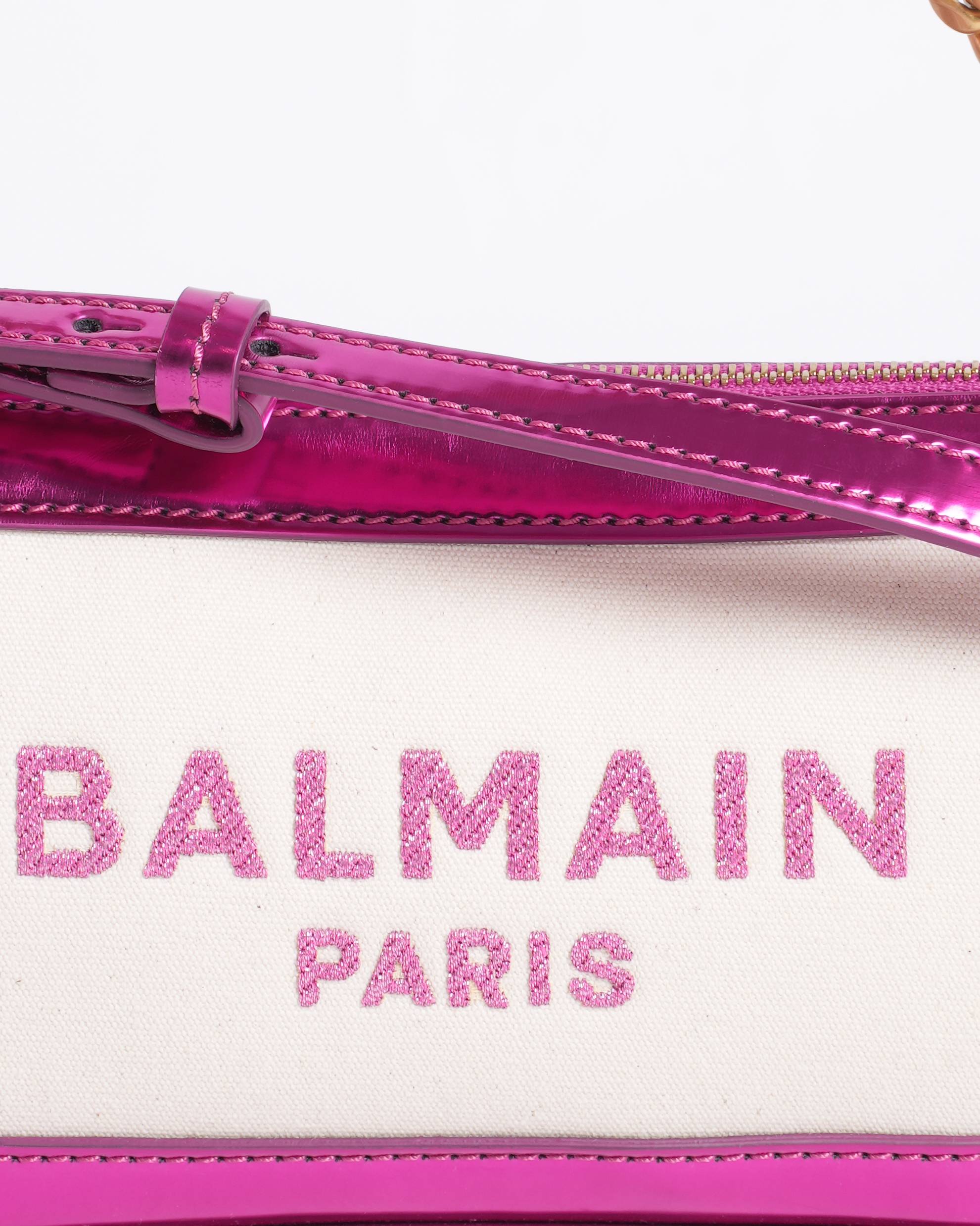New Balmain shoulder bag in canvas and fuschia leather