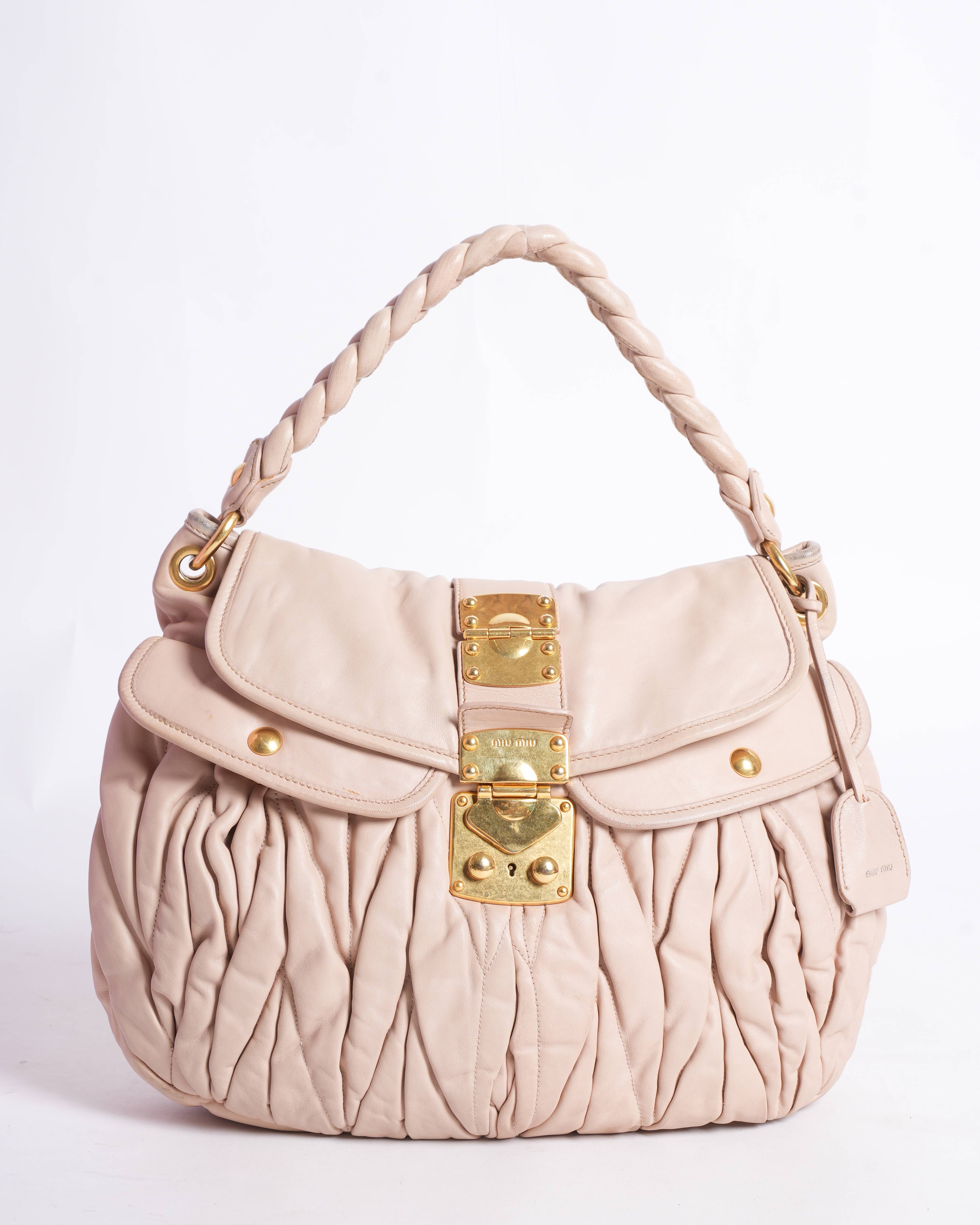 Miu Miu Coffer Matelassé Beige Leather Braided Handle Shoulder Bag
