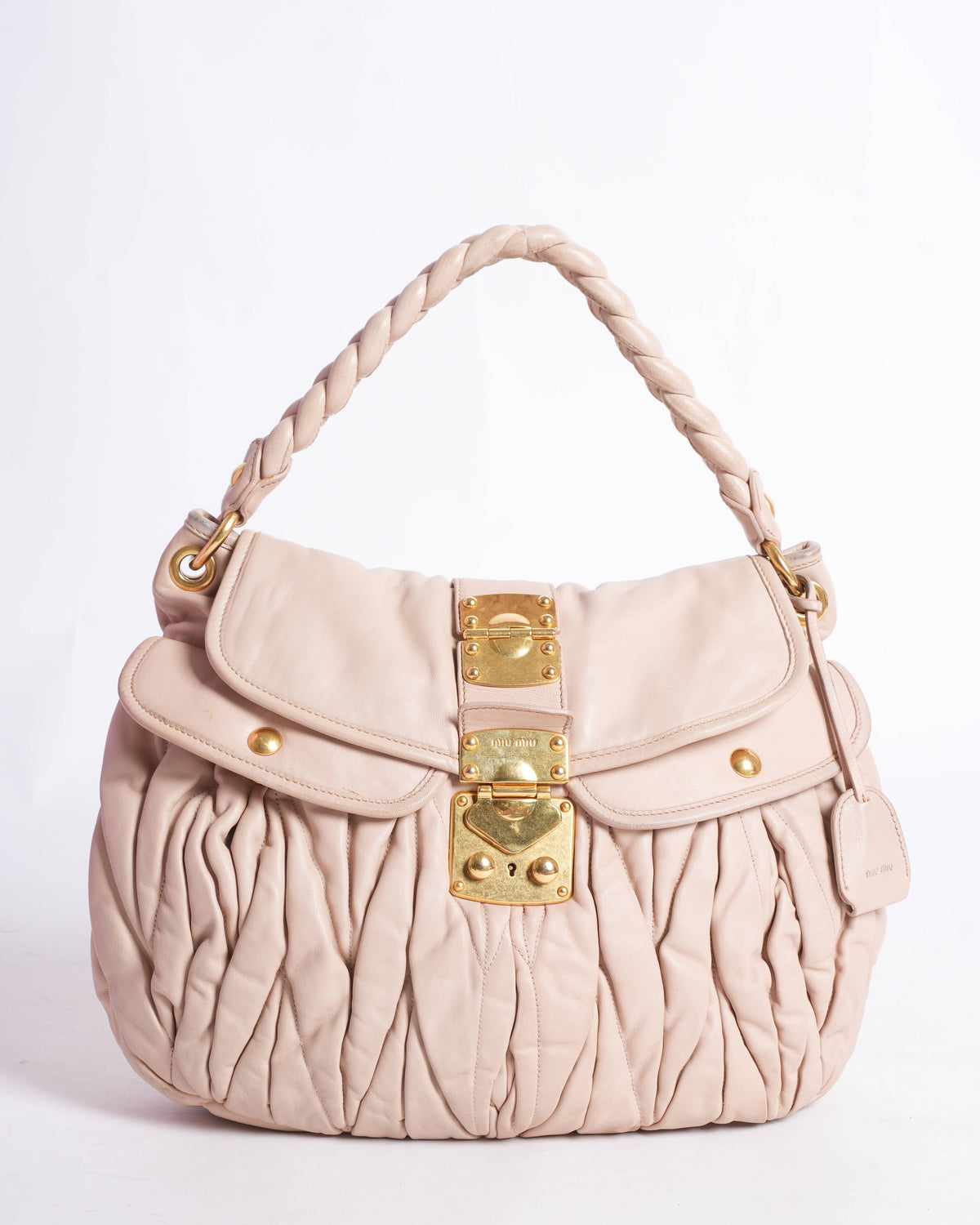 Miu Miu Coffer Matelassé Beige Leather Braided Handle Shoulder Bag 