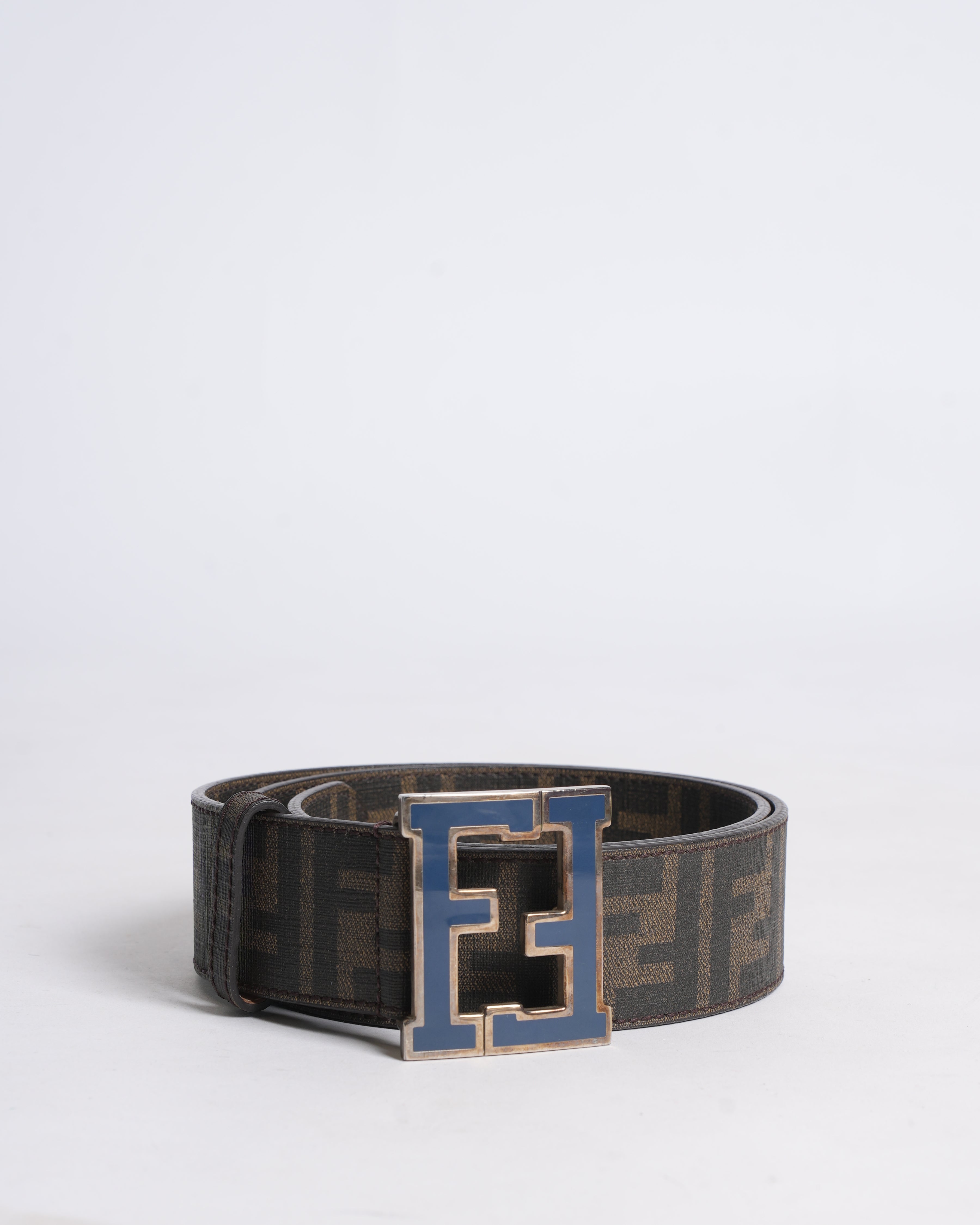 Fendi Men's Reversible Belt In Monogram Canvas WIth Blue Buckle
