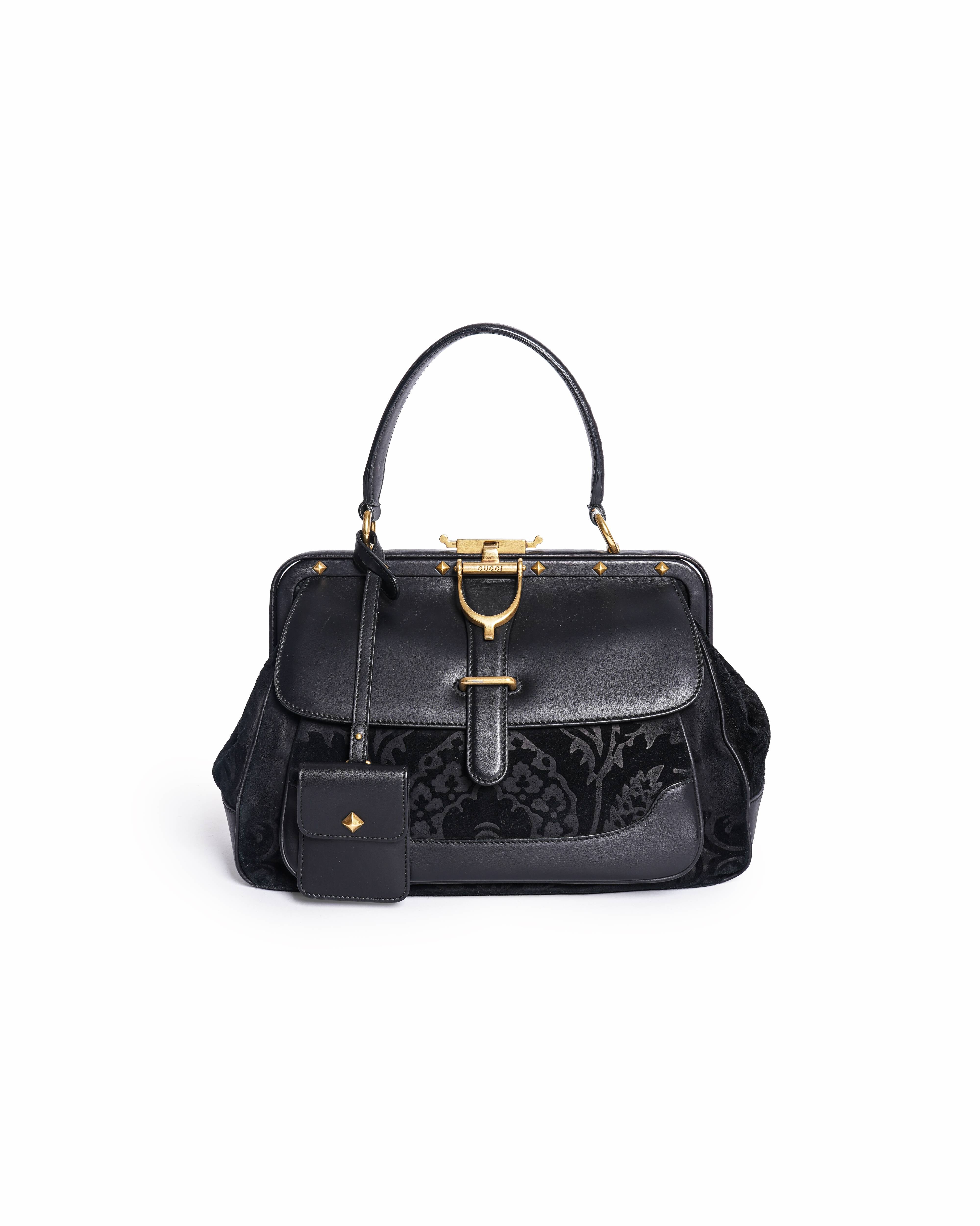 Gucci Black Leather And Suede Lady Stirrup Top Handle Bag