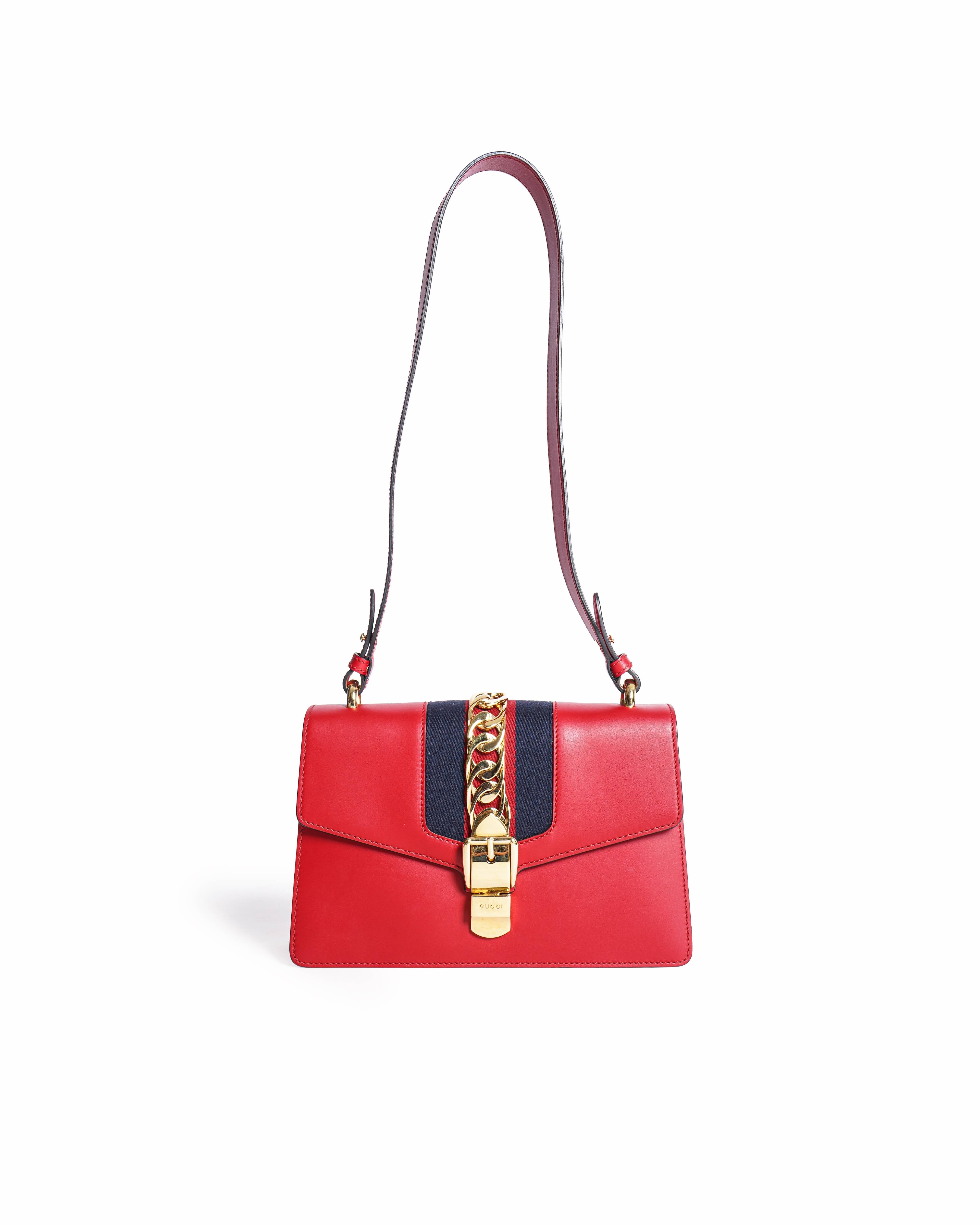 Gucci Red Smooth Leather Calfskin Leather Vintage Web Medium Sylvie Shoulder Bag