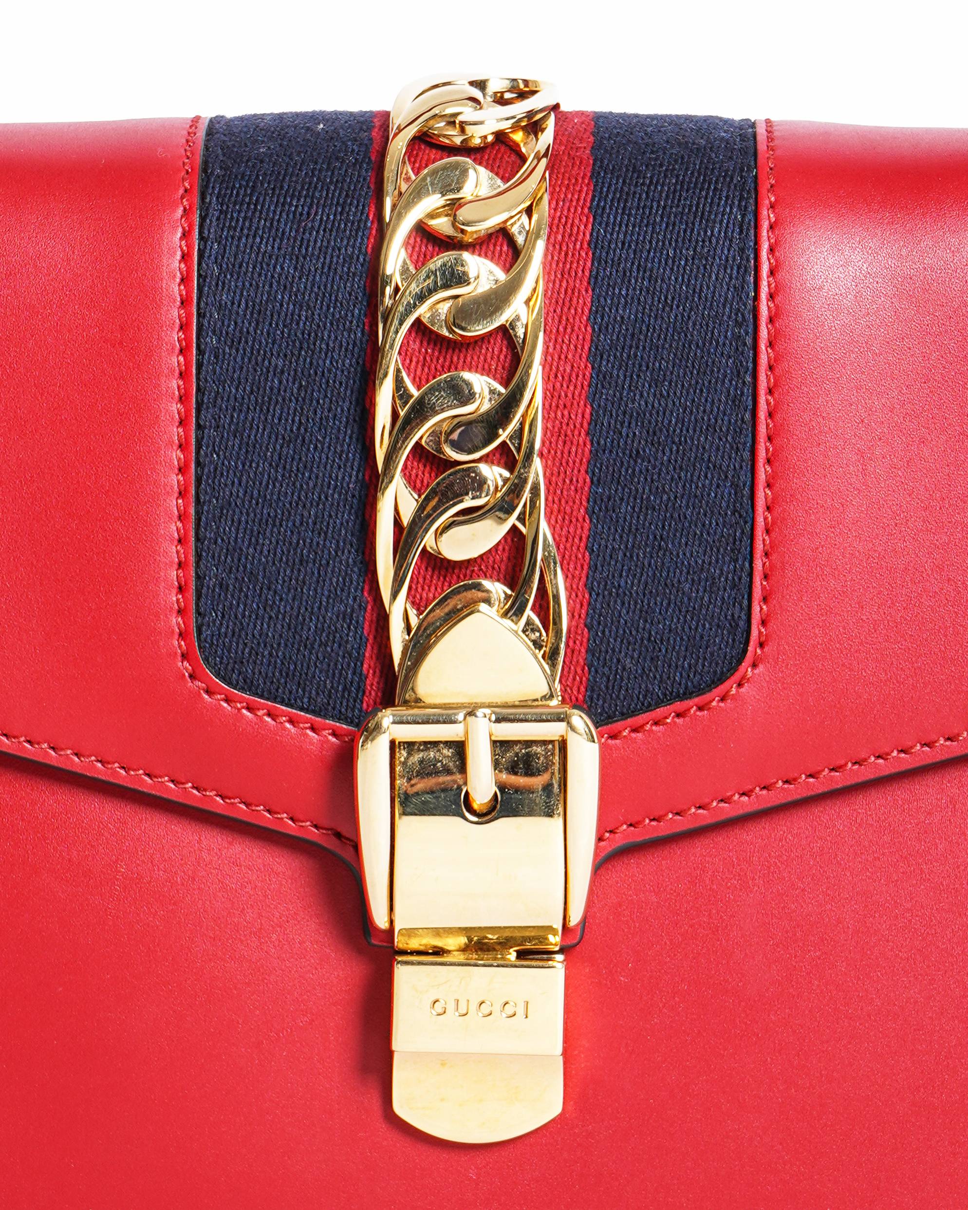 Gucci Red Smooth Leather Calfskin Leather Vintage Web Medium Sylvie Shoulder Bag