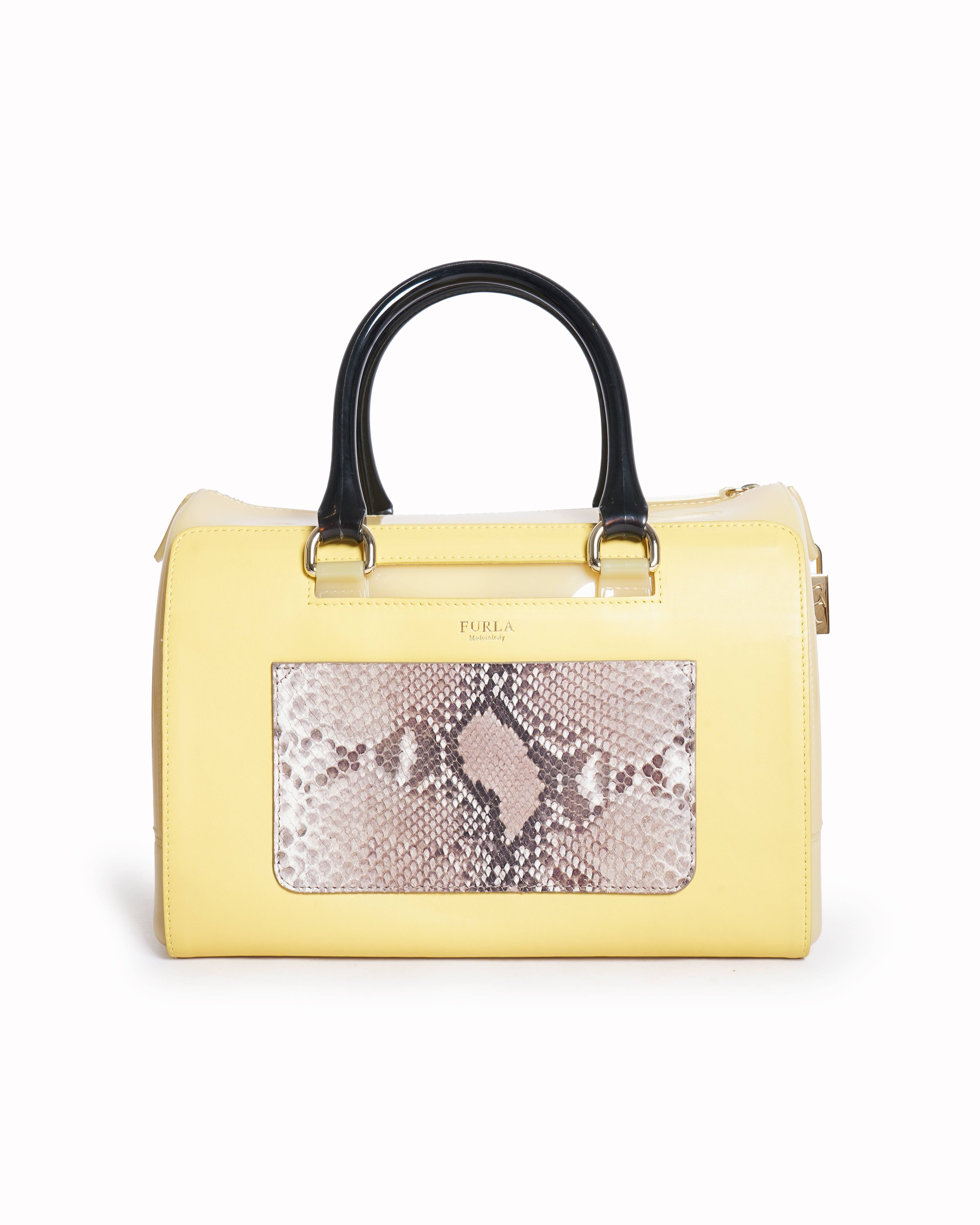 Furla Yellow Rubber & Embossed Snakeskin Leather Top Handle Bag