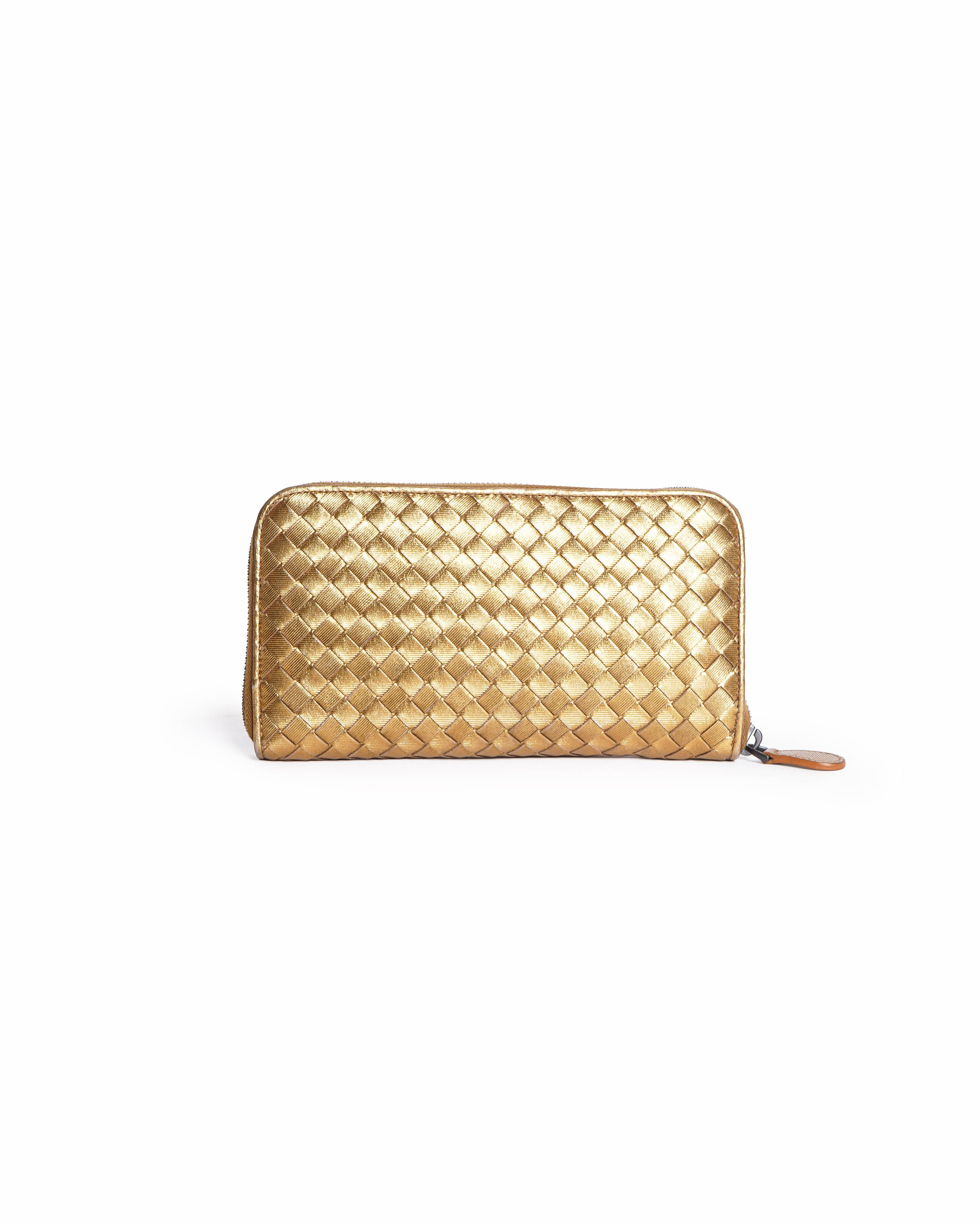 Bottega Veneta Metallic Gold Intrecciato Zip-Around Wallet