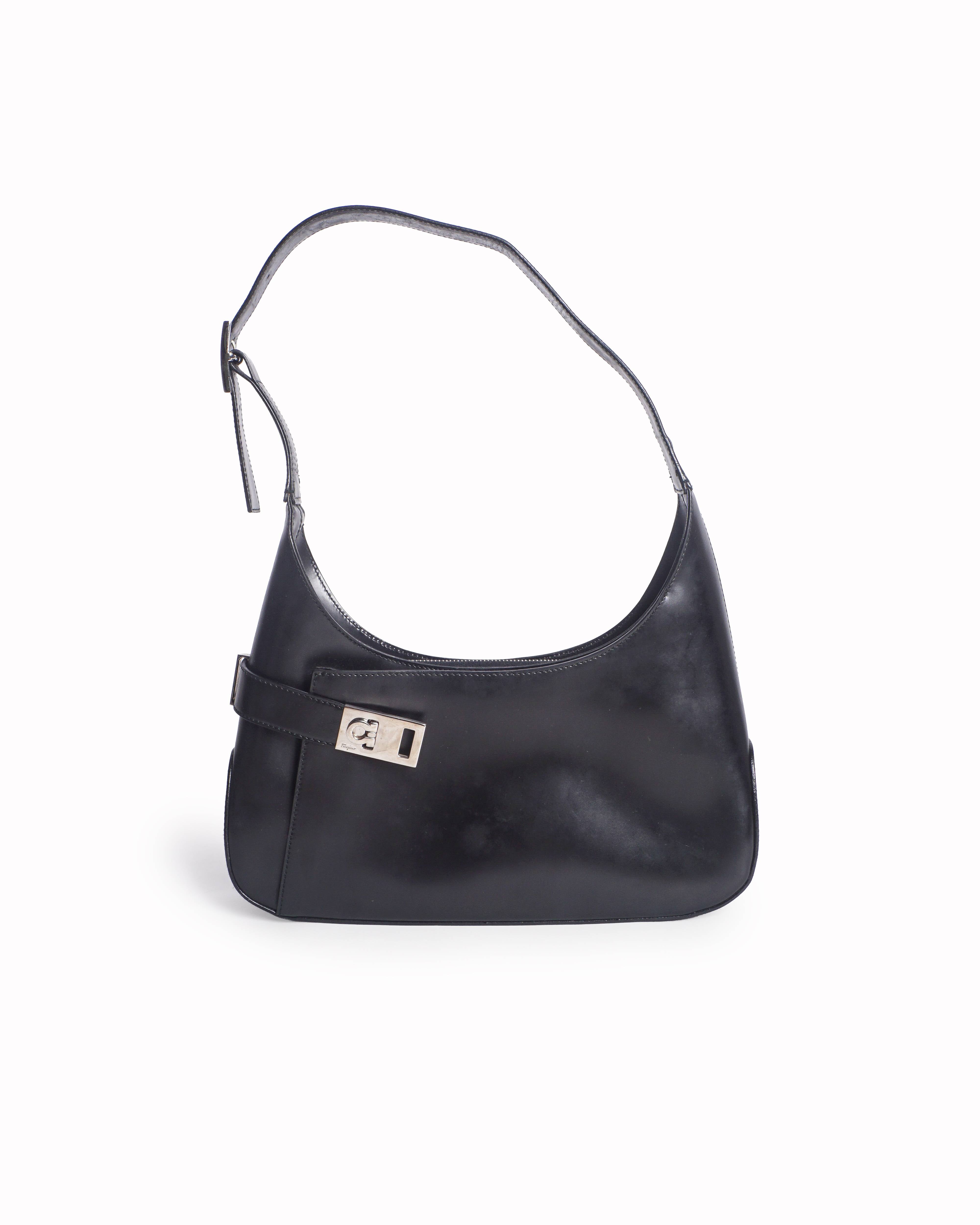 Salvatore Ferragamo Black Leather Gancini Buckle Shoulder Bag