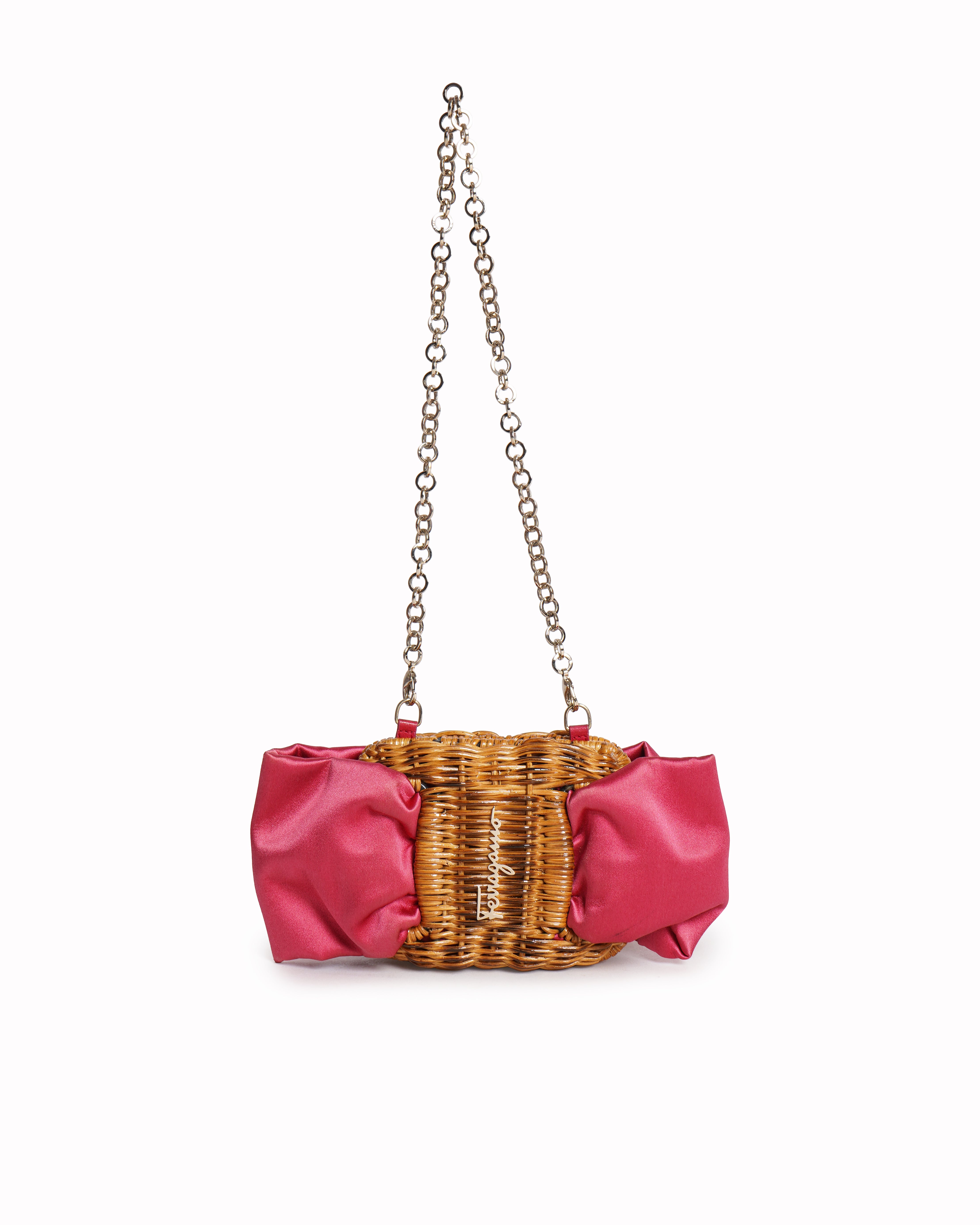 Salvatore Ferragamo Mini Natural Wicker & Pink Satin Bow Shoulder Bag