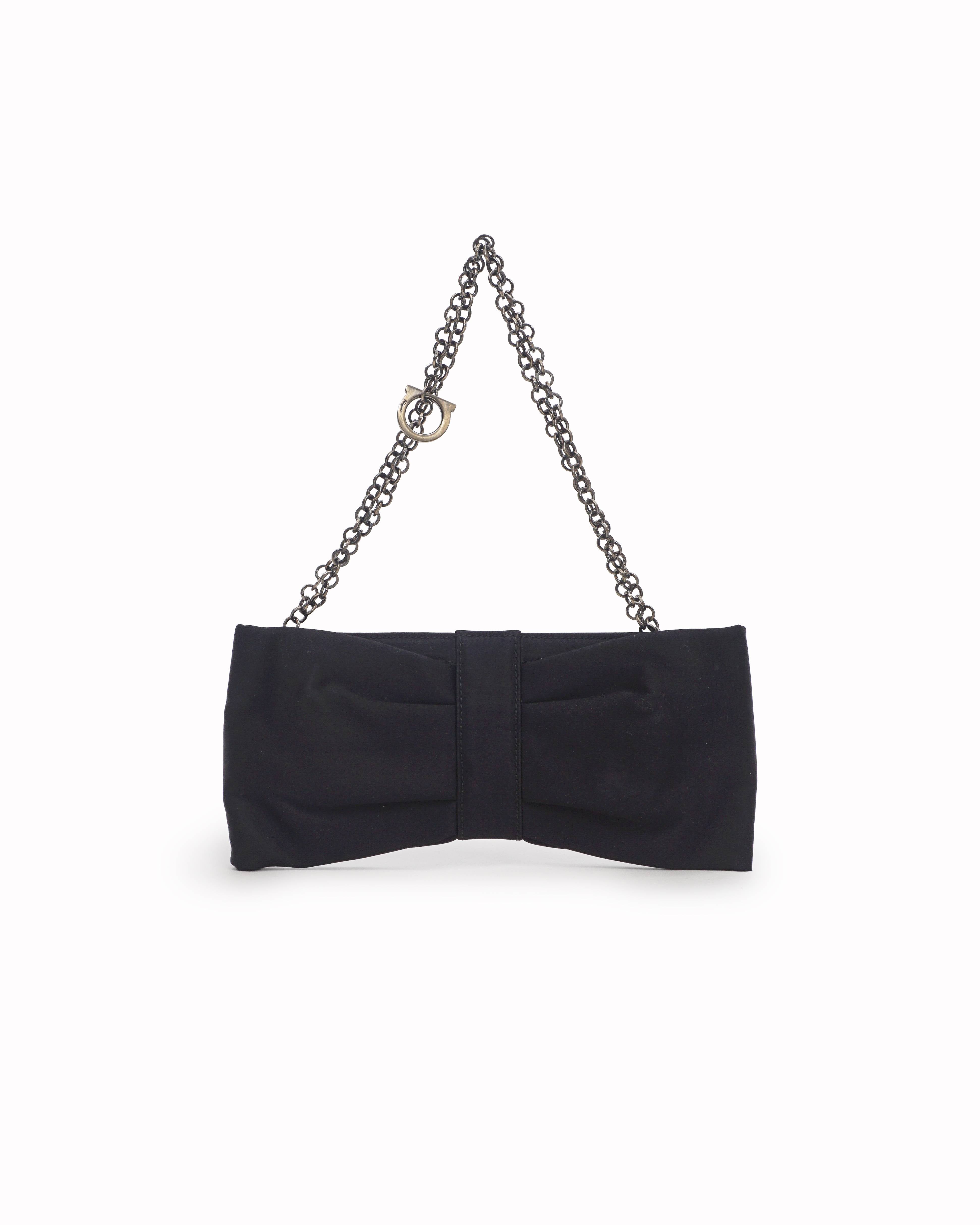 Salvatore Ferragamo Black Satin Gancini Evening Clutch Bag
