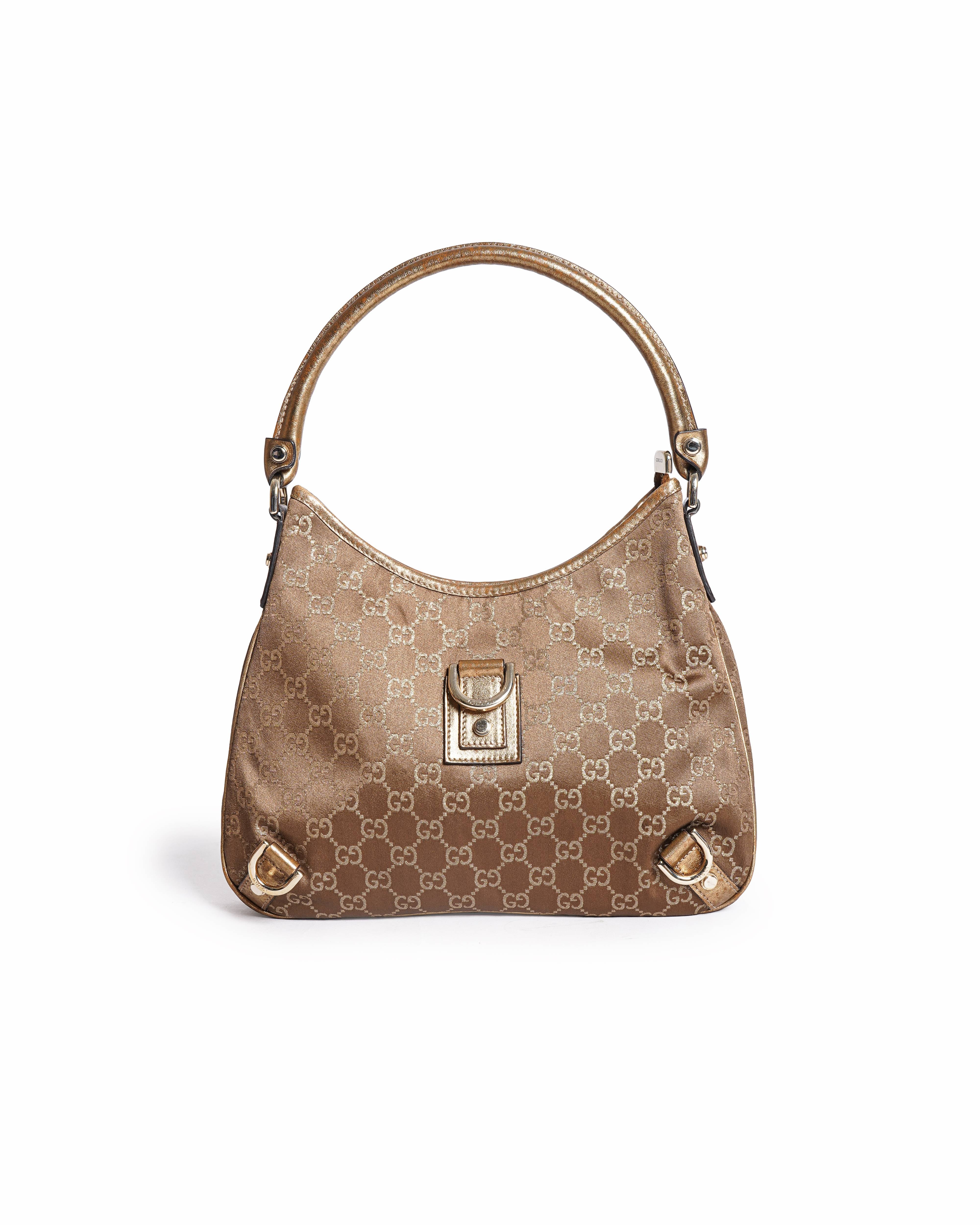 Gucci Gold GG Fabric Abbey Medium D-Ring Hobo Bag
