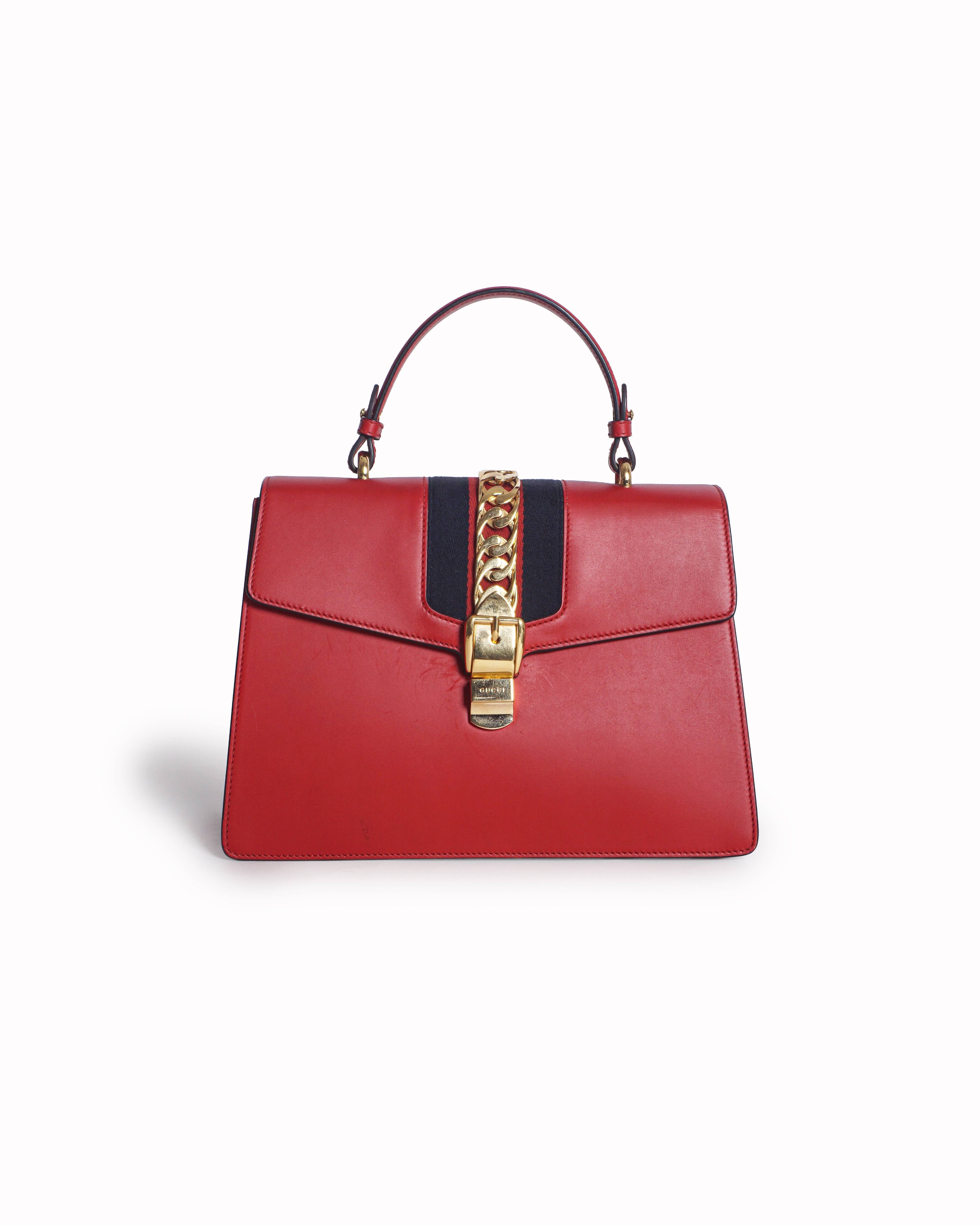 Gucci Red Smooth Leather Sylvie Top Handle Bag