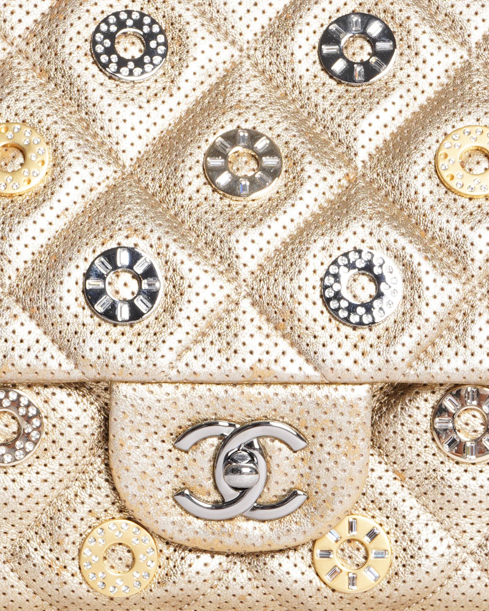 Chanel paris dubai perforated metallic lambskin medals flap shoulder bag in gold