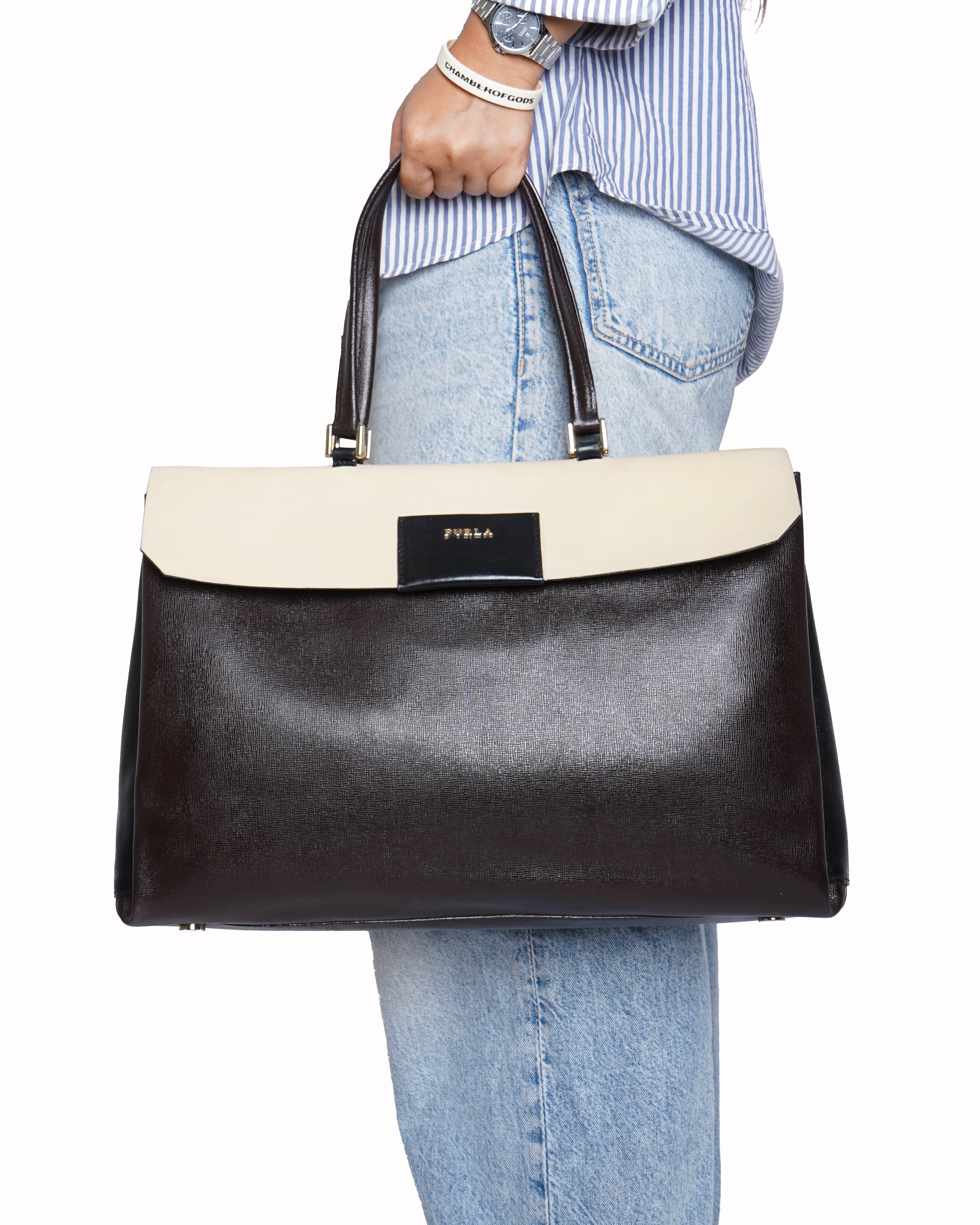 Furla bicolor leather top handle bag