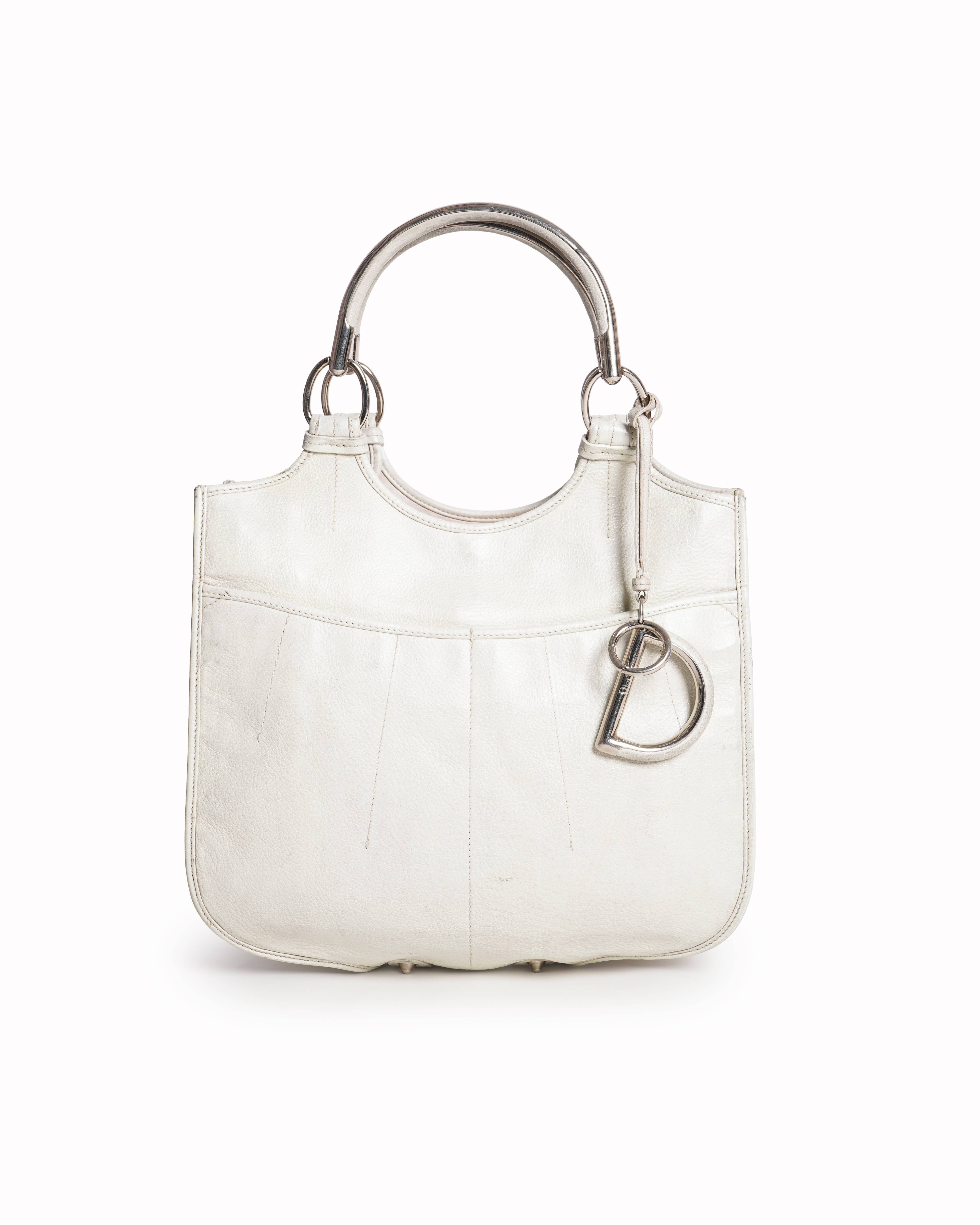 Christian Dior D Charm Handbag Tote Bag Leather Ivory