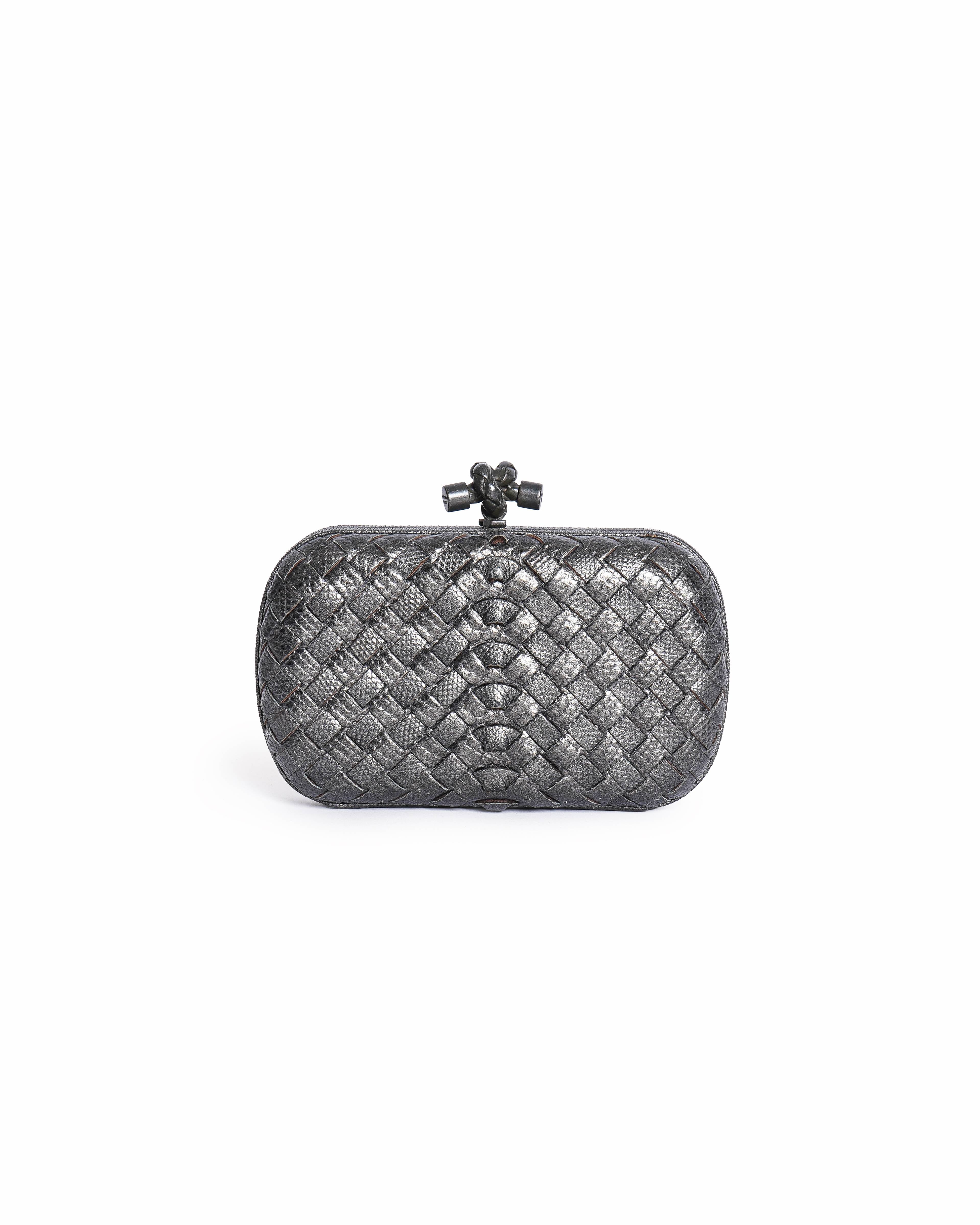 Bottega Veneta Metallic Grey Lizard Knot Clutch