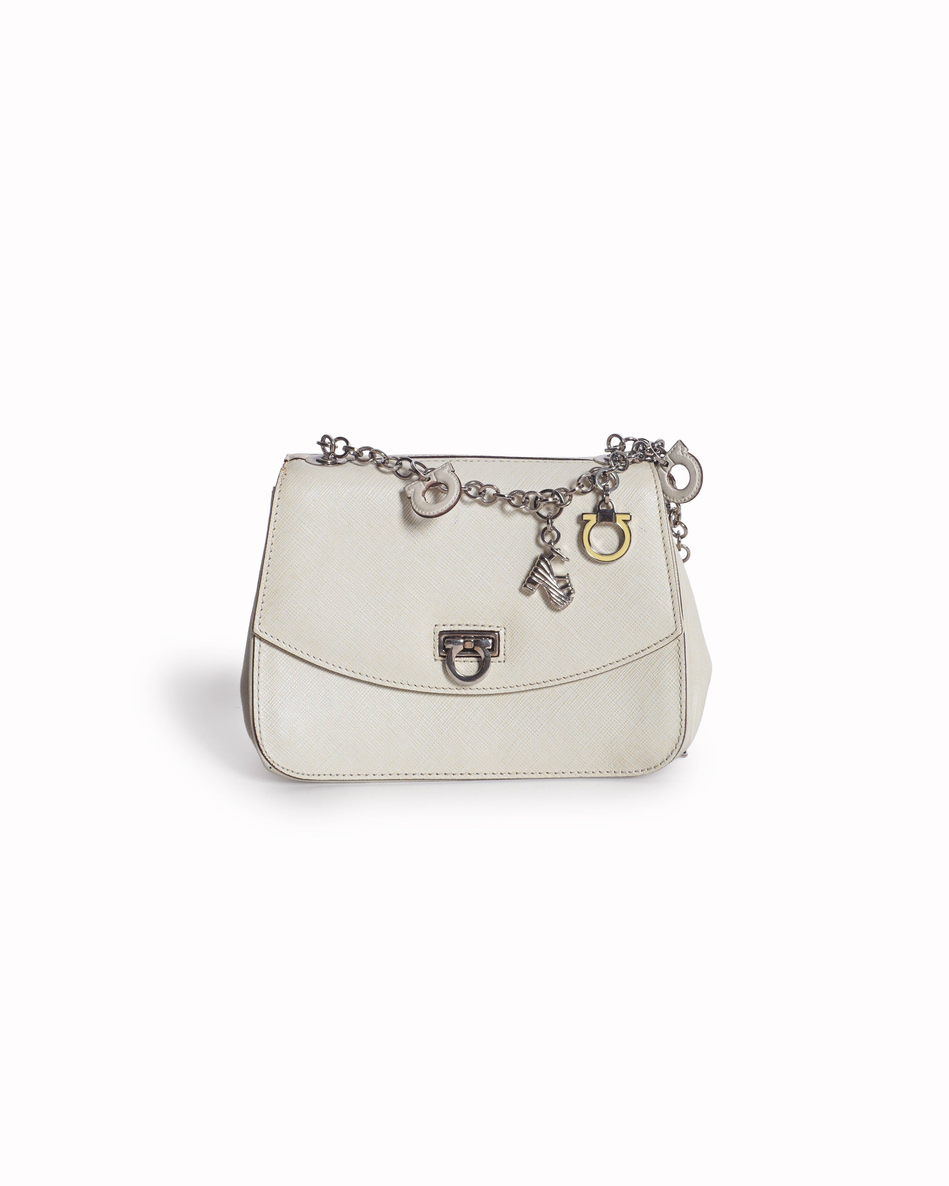 Salvatore Ferragamo Ivory Saffiano Leather Flap Chain Mini Crossbody Bag