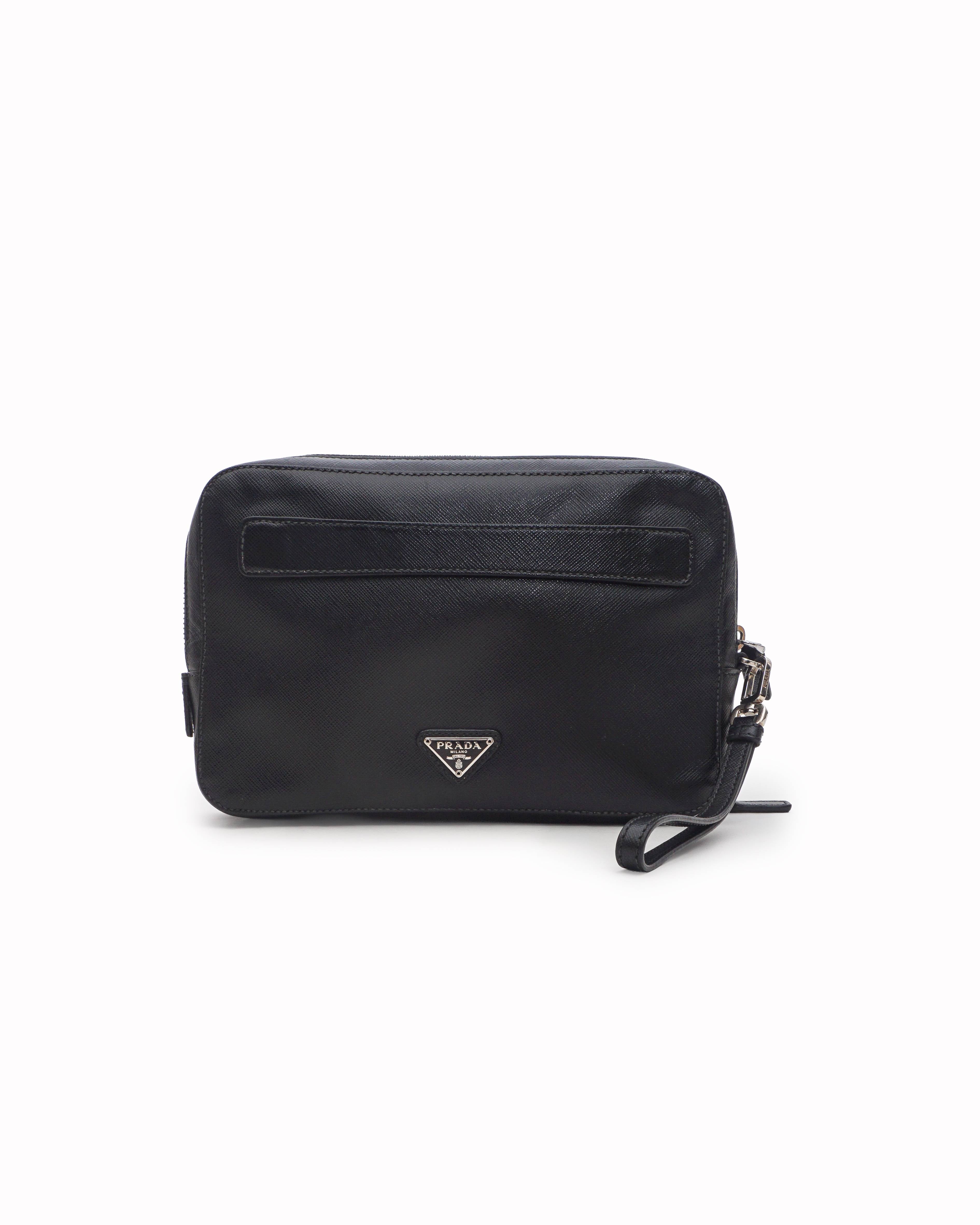 Prada Black Saffiano Leather Men's Travel Pouch Triangle Logo