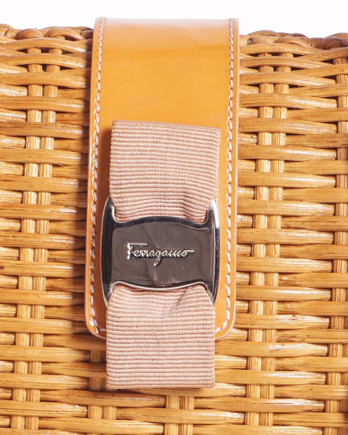 Salvatore Ferragamo Orange Patent Leather & Woven Raffia Vara Bow Bag