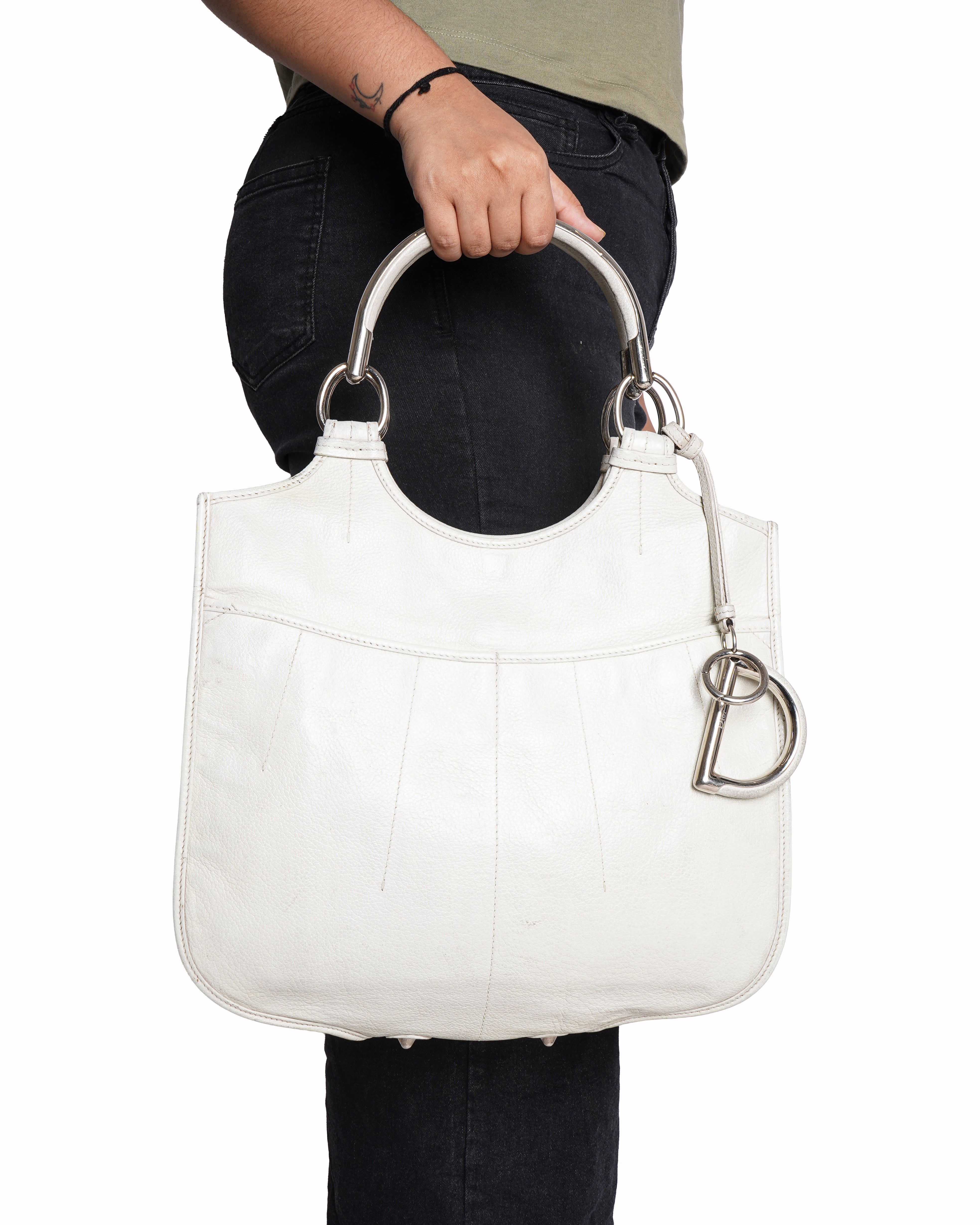 Christian Dior D Charm Handbag Tote Bag Leather Ivory