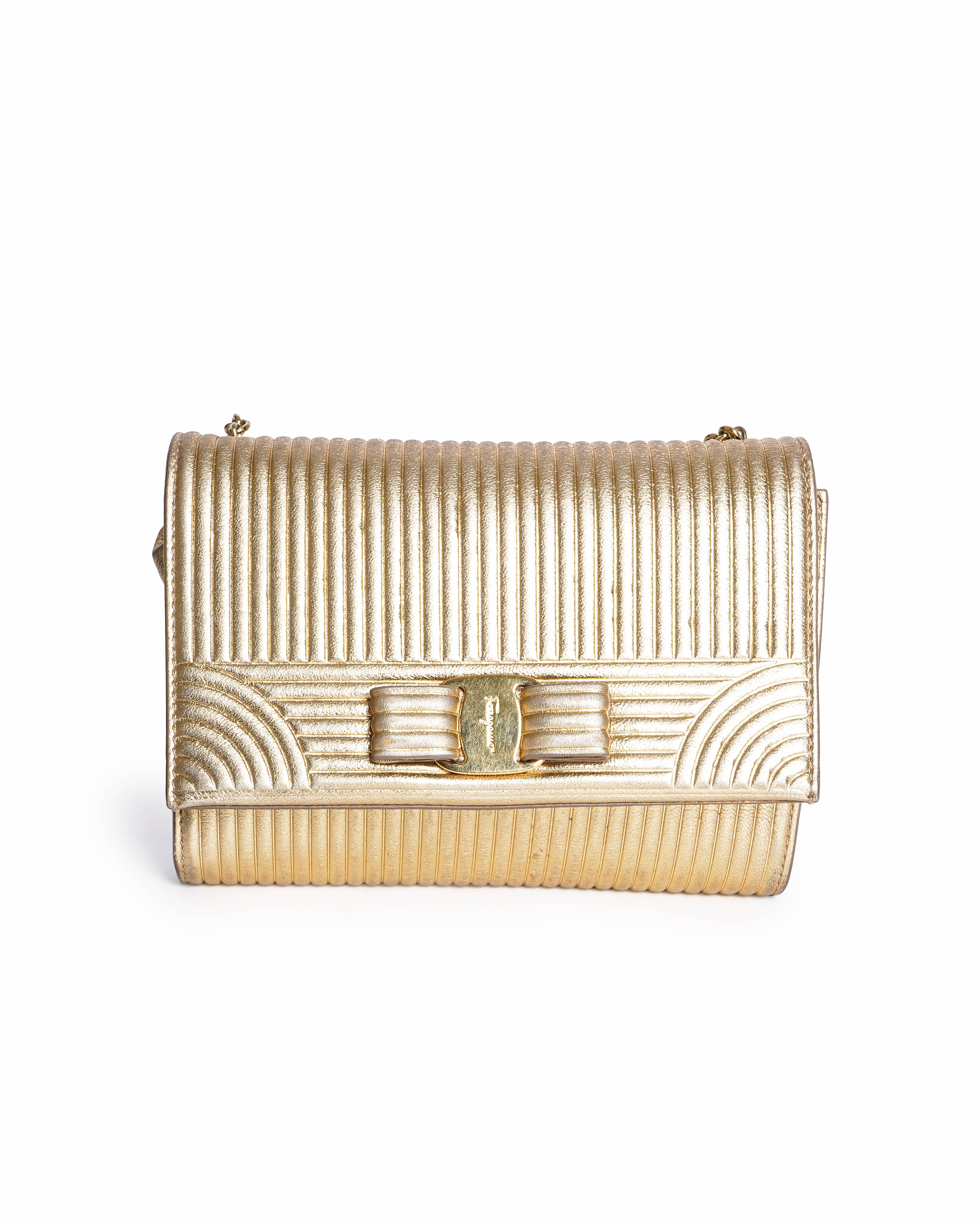 Salvatore Ferragamo Metallic Gold Leather Vara Bow Chain Crossbody Bag