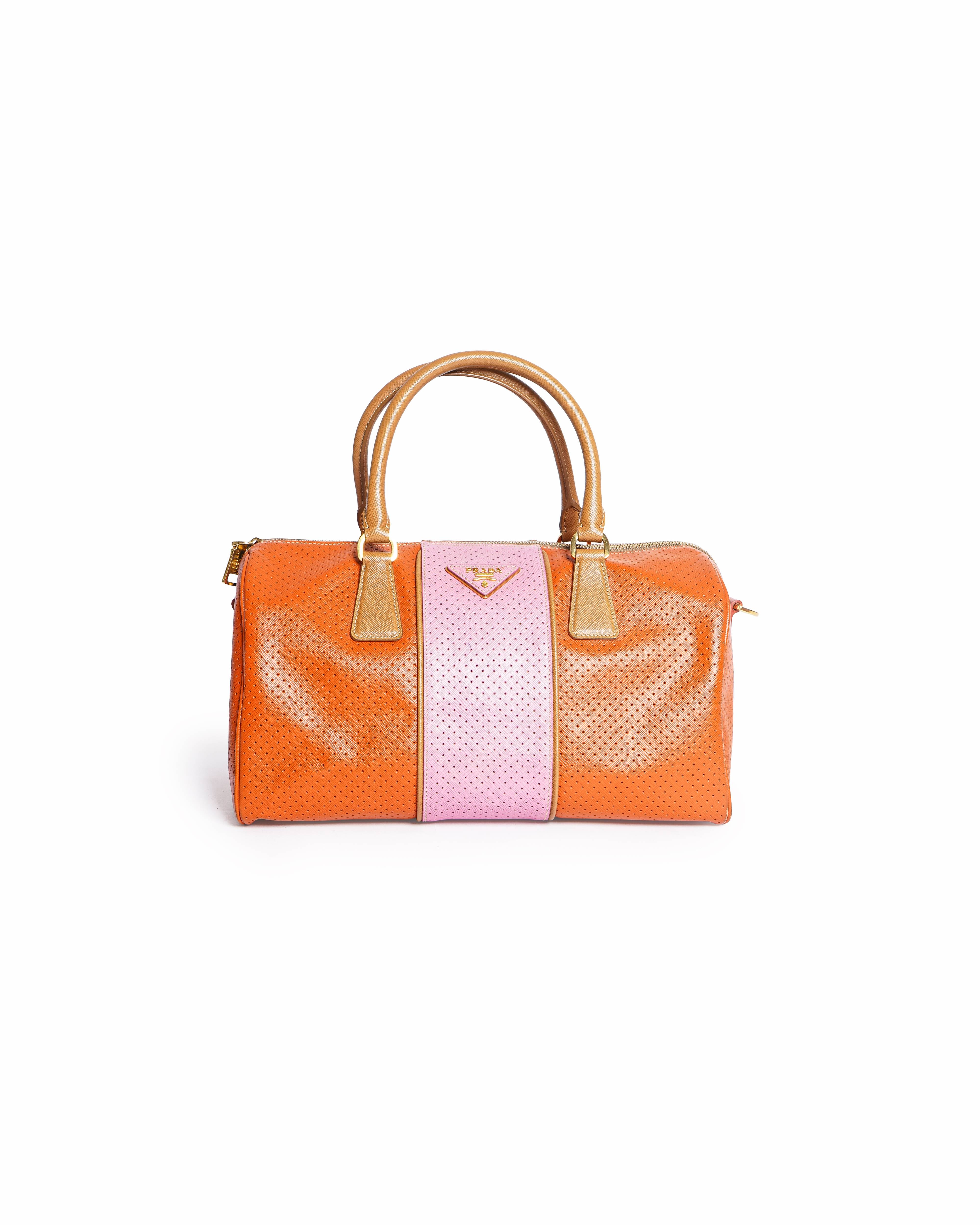 Prada Orange & Pink Perforated Saffiano Boston Bag
