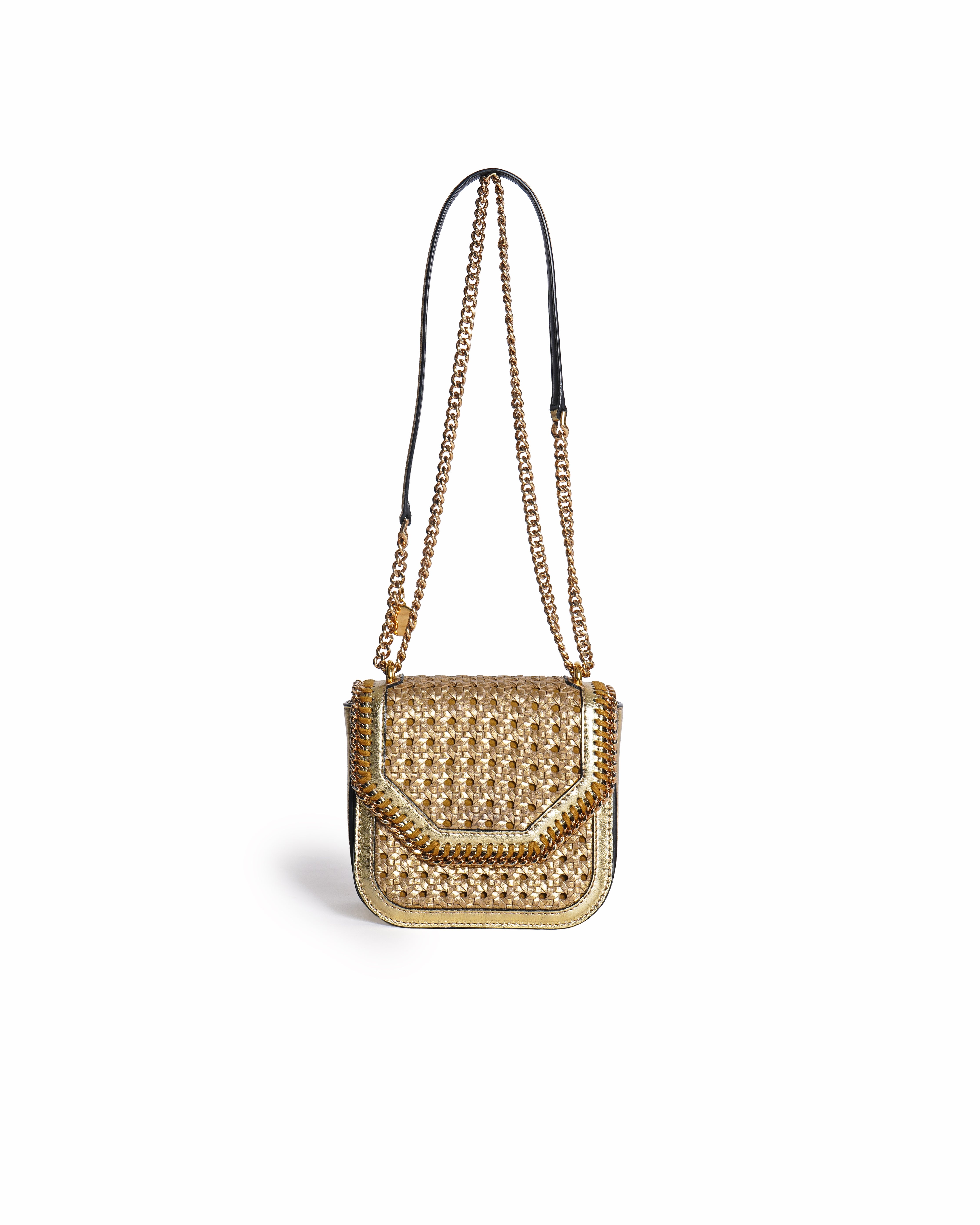 Stell McCartney Metallic Gold Wicker Faux leather Flabella Box Shoulder Bag