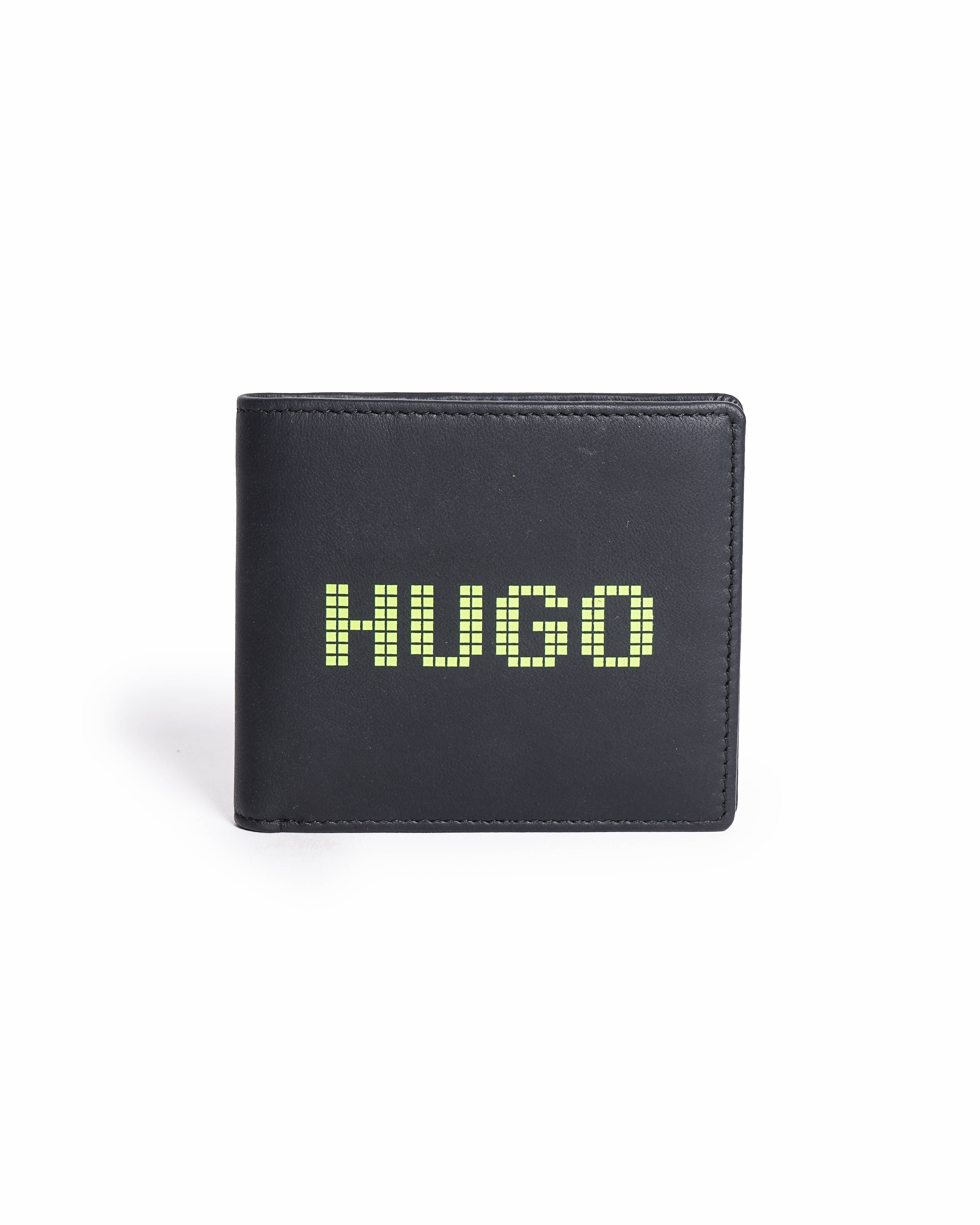 HUGO Black Leather Bifold Wallet with Lime Green Logo
