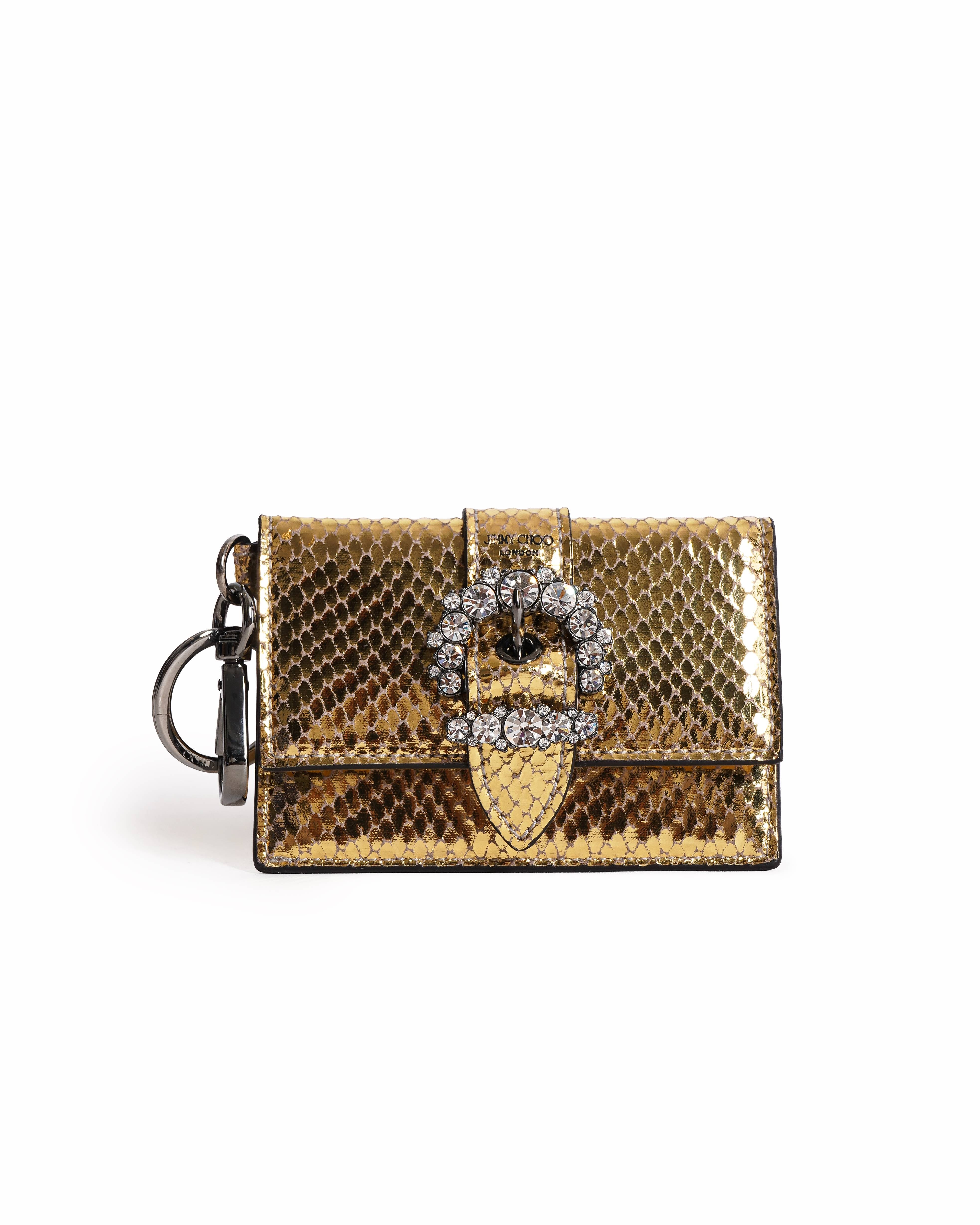Jimmy Choo Gold Snakeskin Crystal Buckle Card Holder