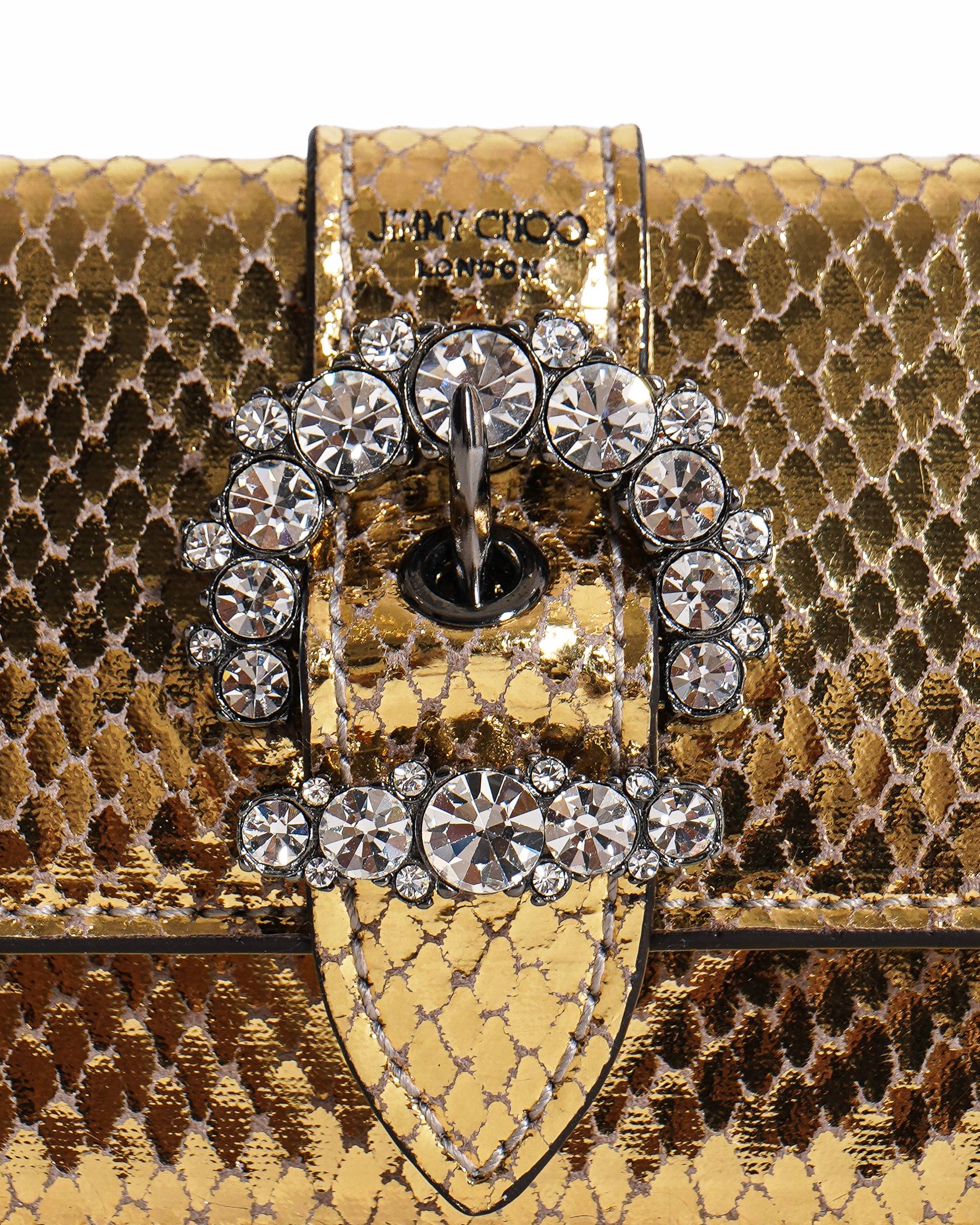 Jimmy Choo Gold Snakeskin Crystal Buckle Card Holder