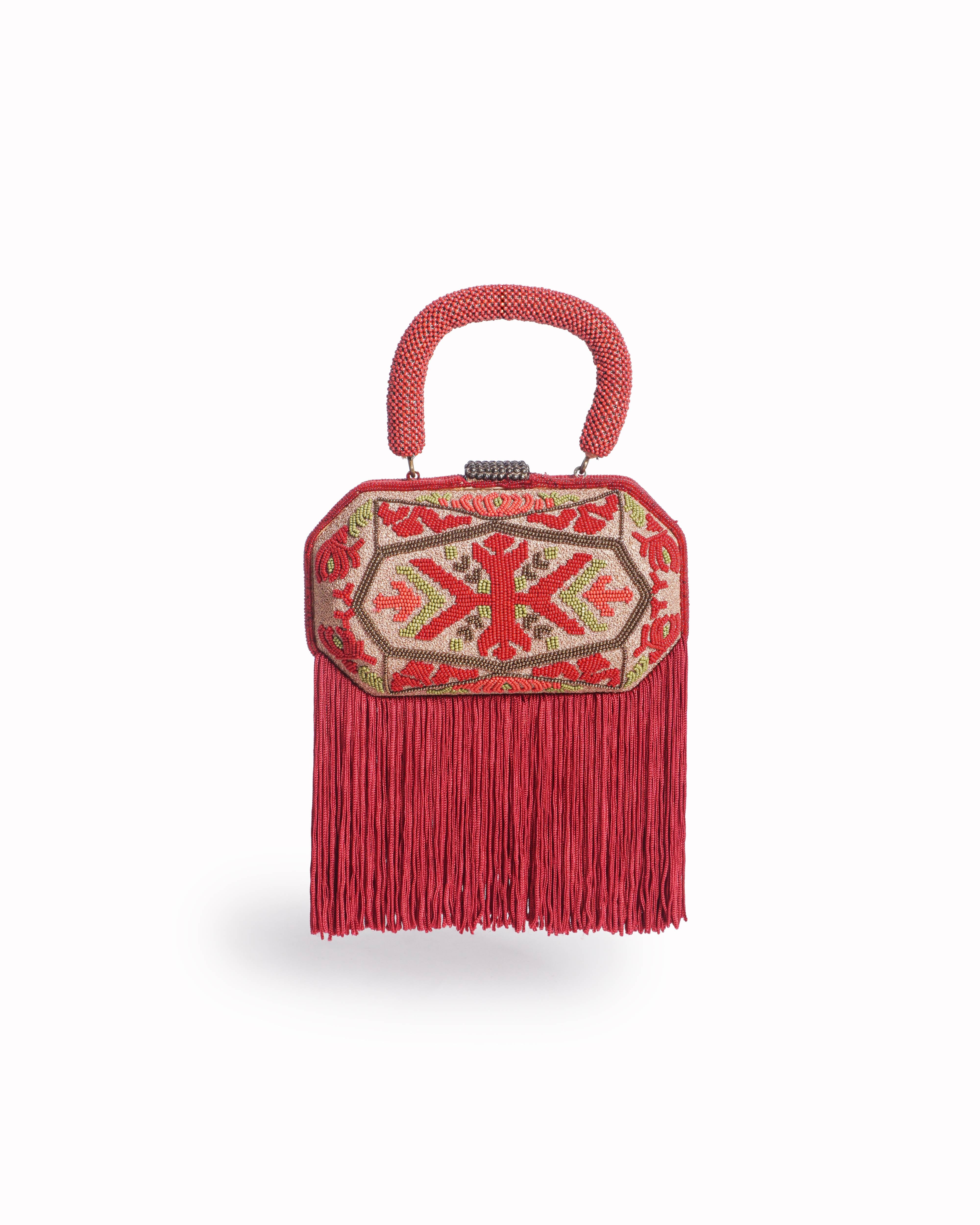 Tarun Tahiliani Red Beaded Fringe Top-Handle Clutch