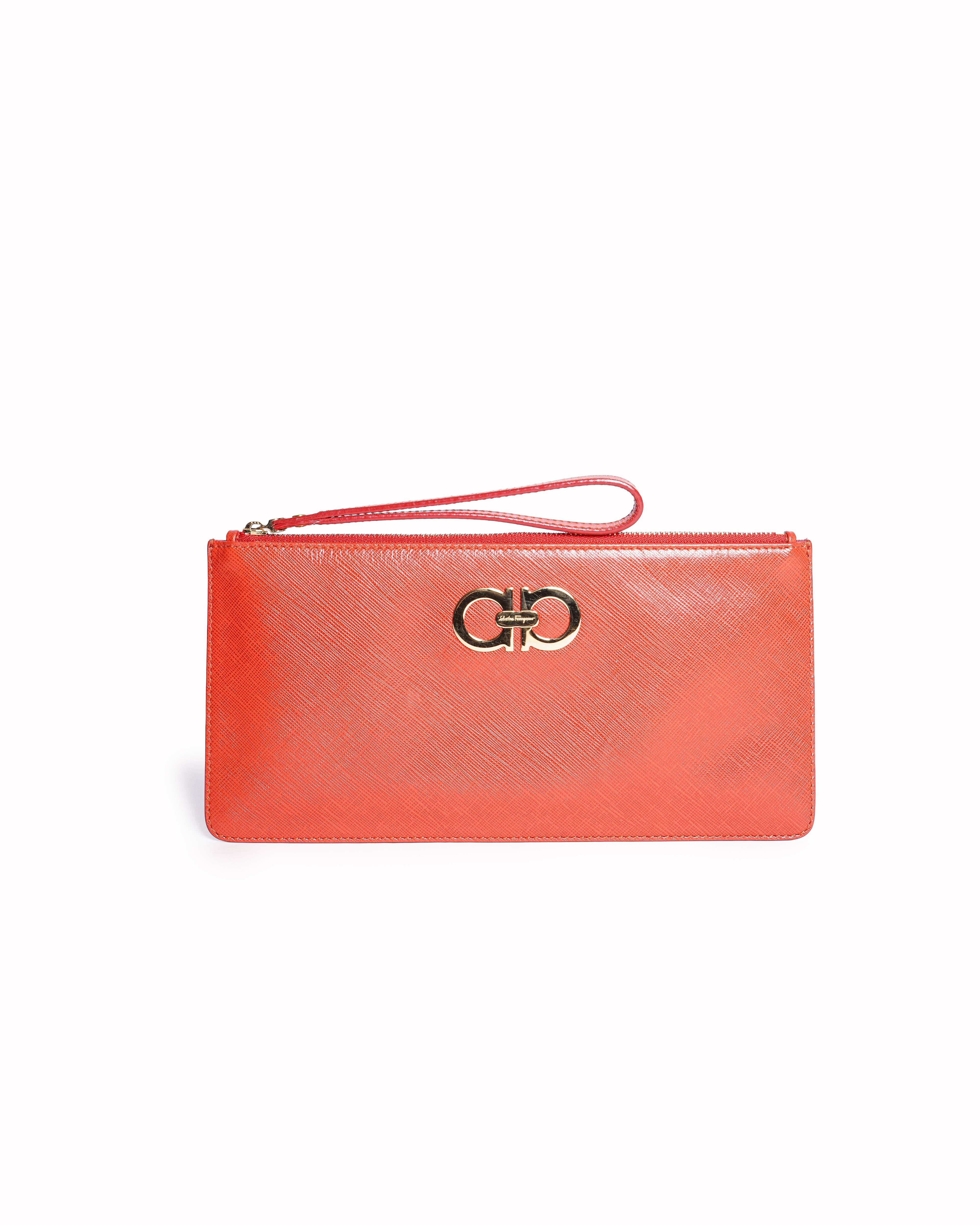 Salvatore Ferragamo Gancini Wristlet in Red Saffiano Leather