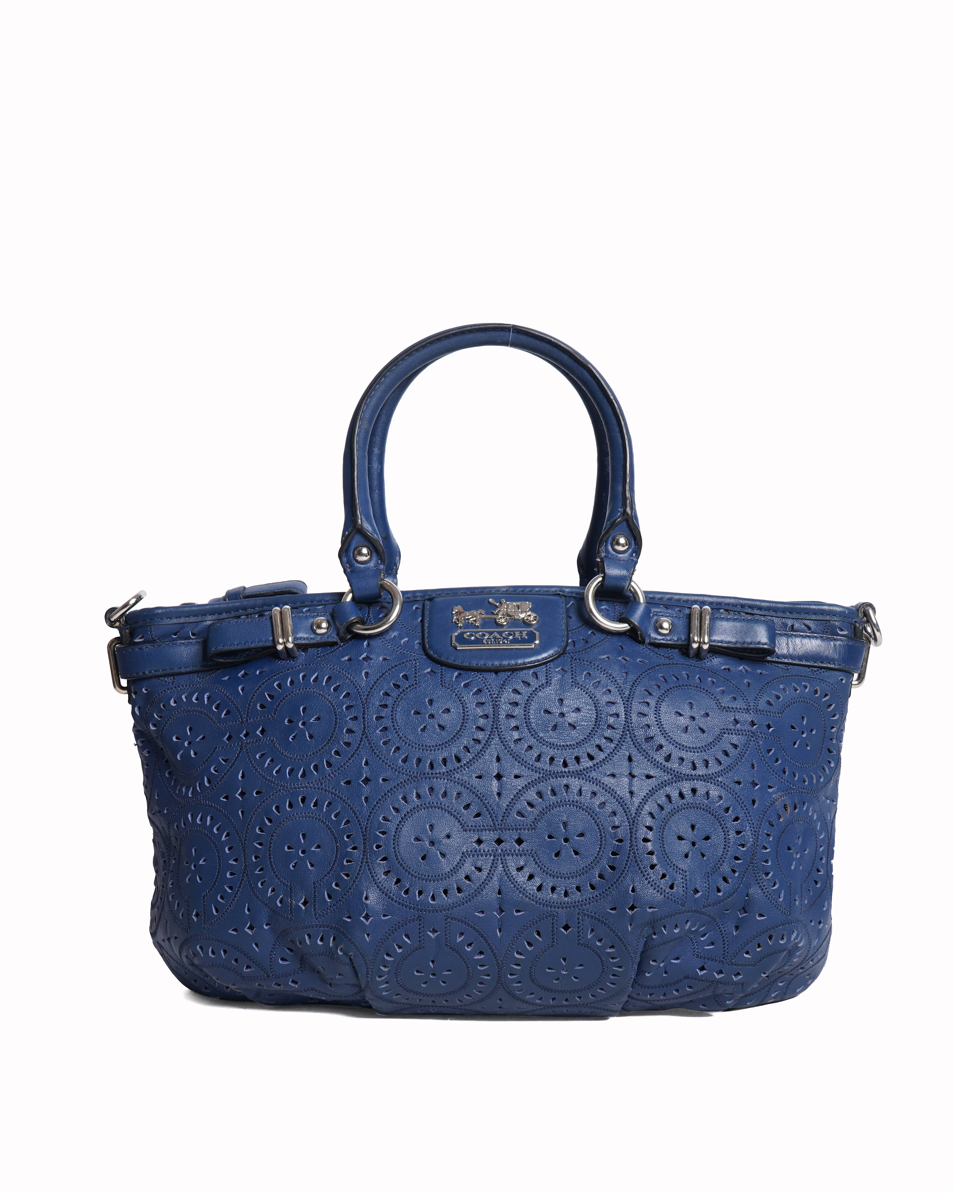 Coach Madison Laser-Cut Leather Satchel Handbag in blue