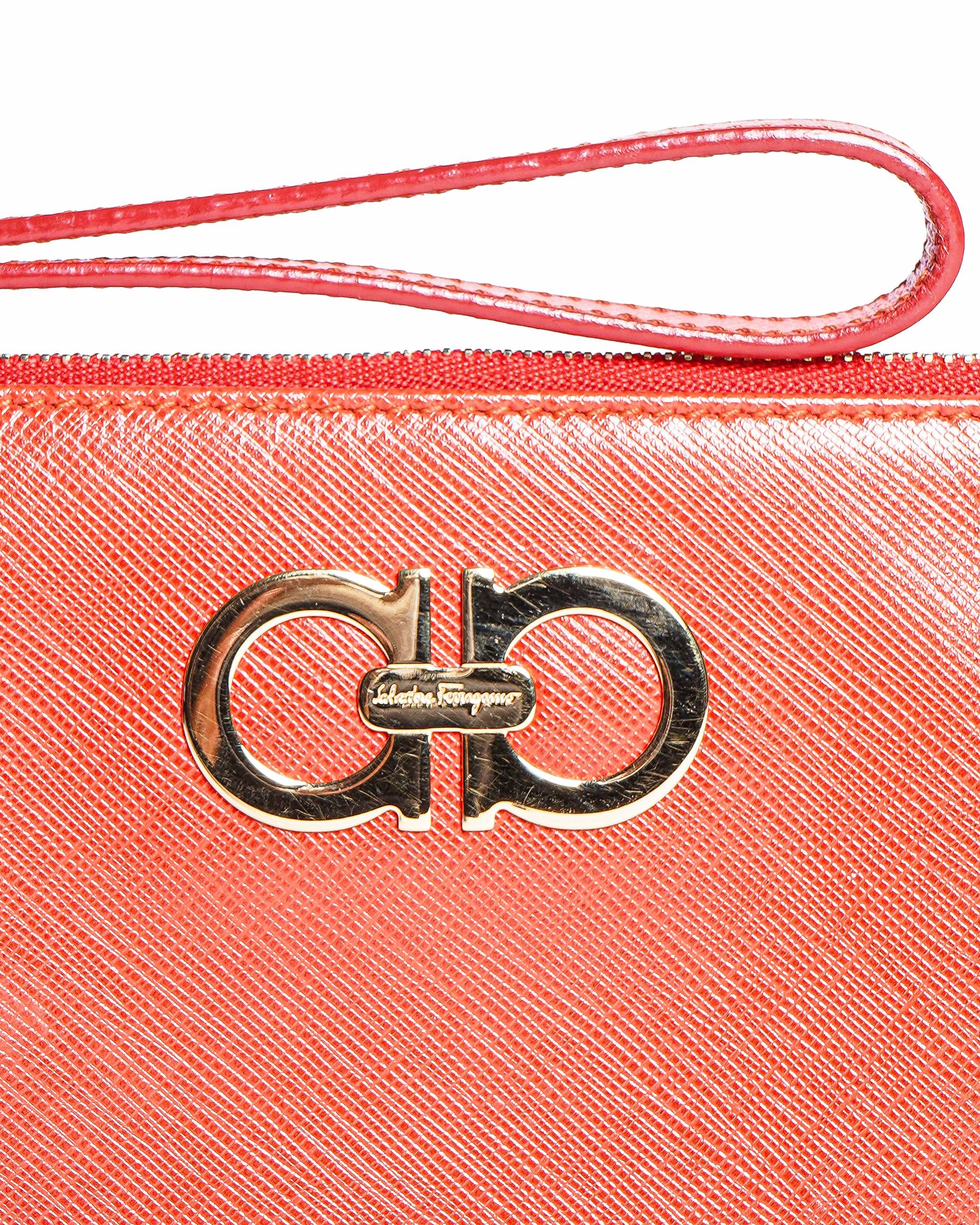 Salvatore Ferragamo Gancini Wristlet in Red Saffiano Leather