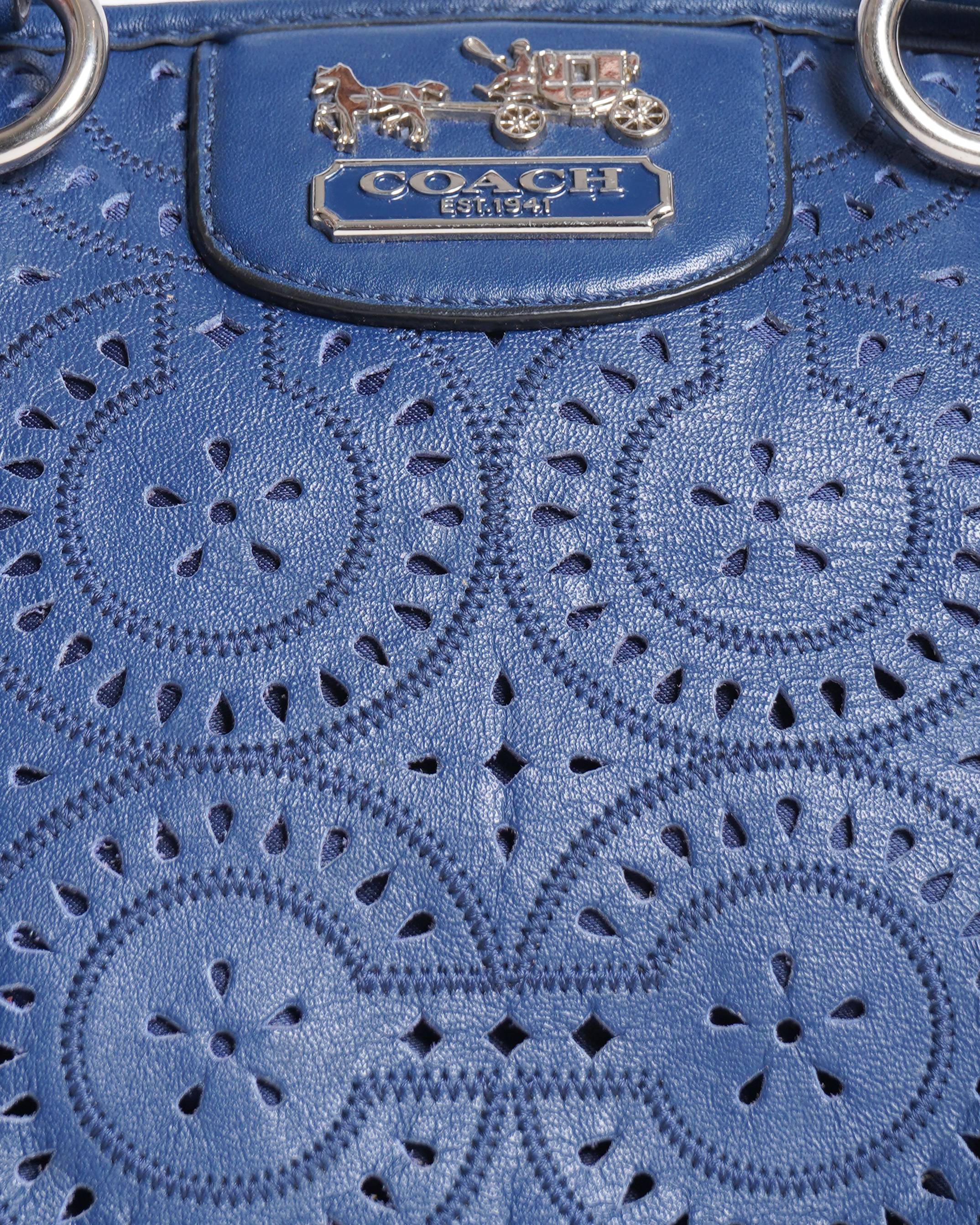 Coach Madison Laser-Cut Leather Satchel Handbag in blue