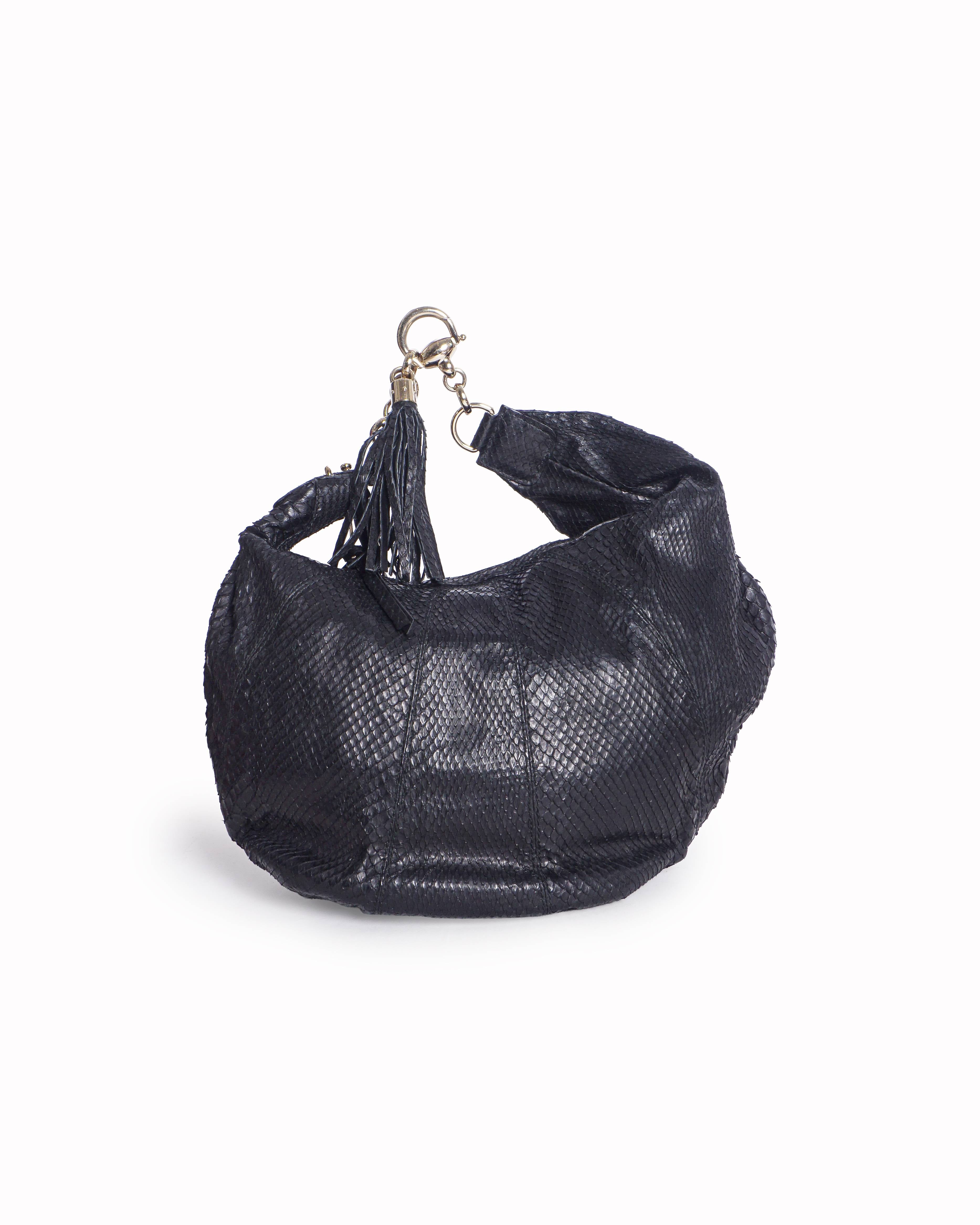 Gucci Black Genuine Python Skin Exotic Hobo Tassel Bag