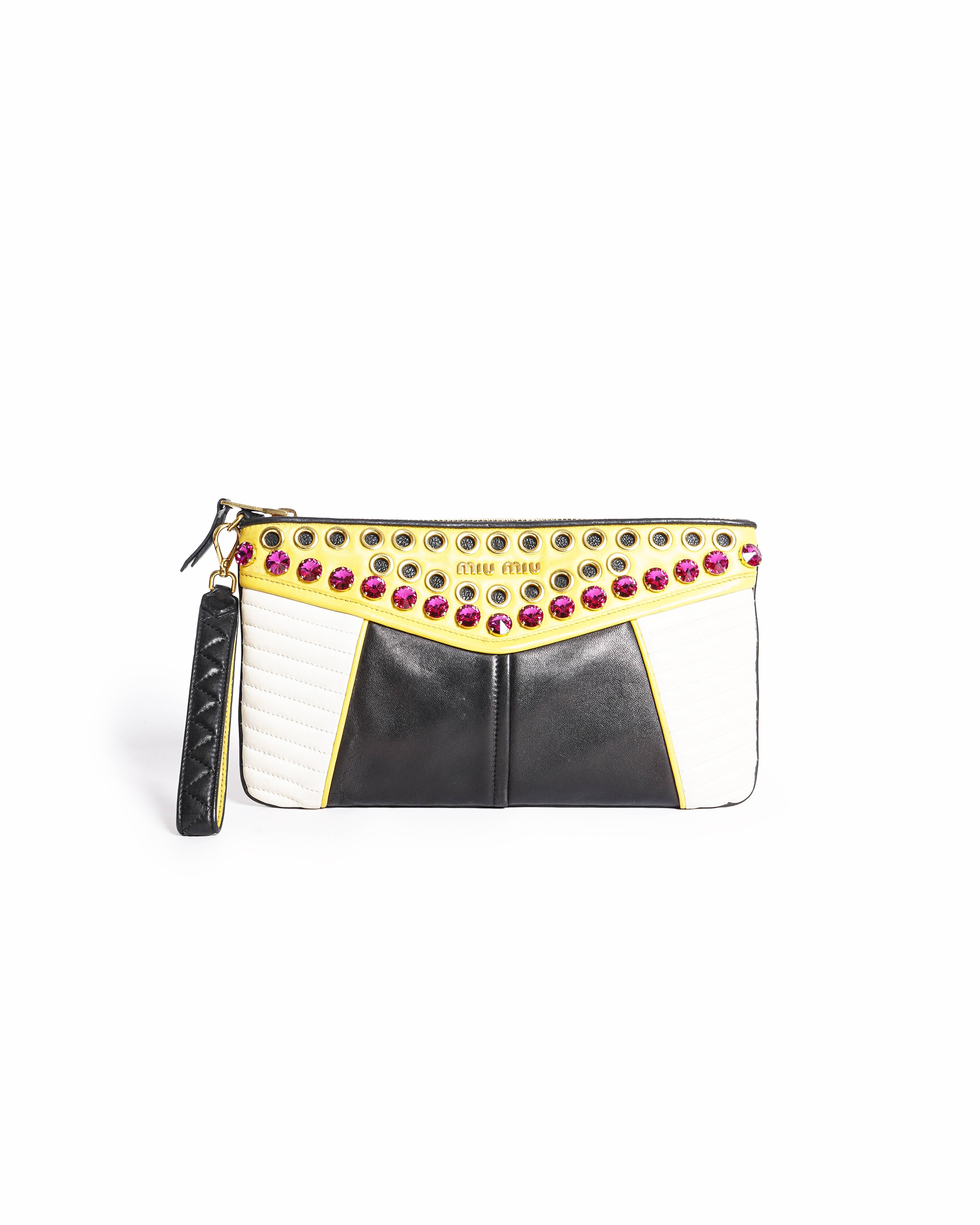 Miu Miu Black & Multicolor Leather & Crystal Clutch Bag