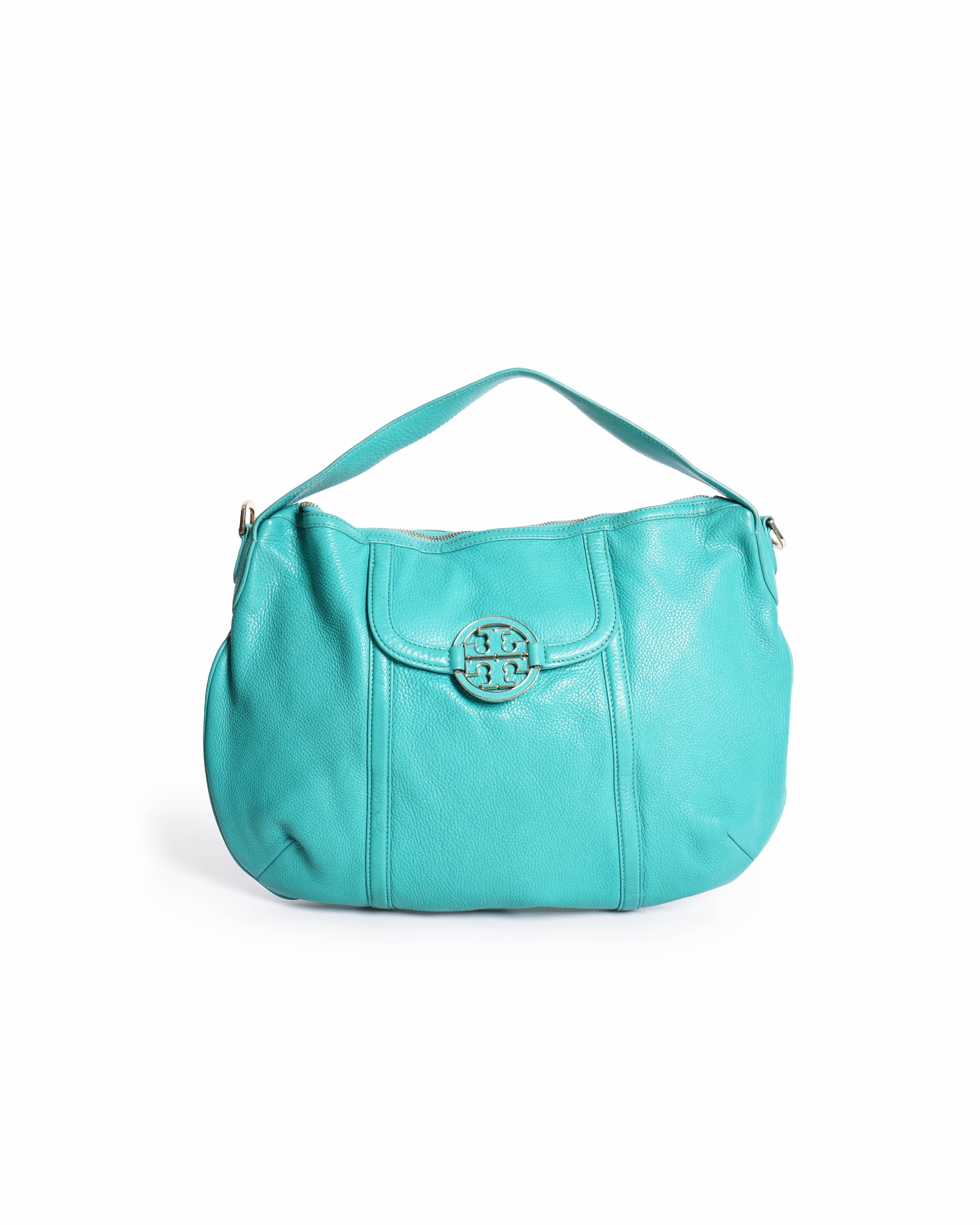 Tory Burch Teal Blue Leather Amanda Flat Hobo Bag