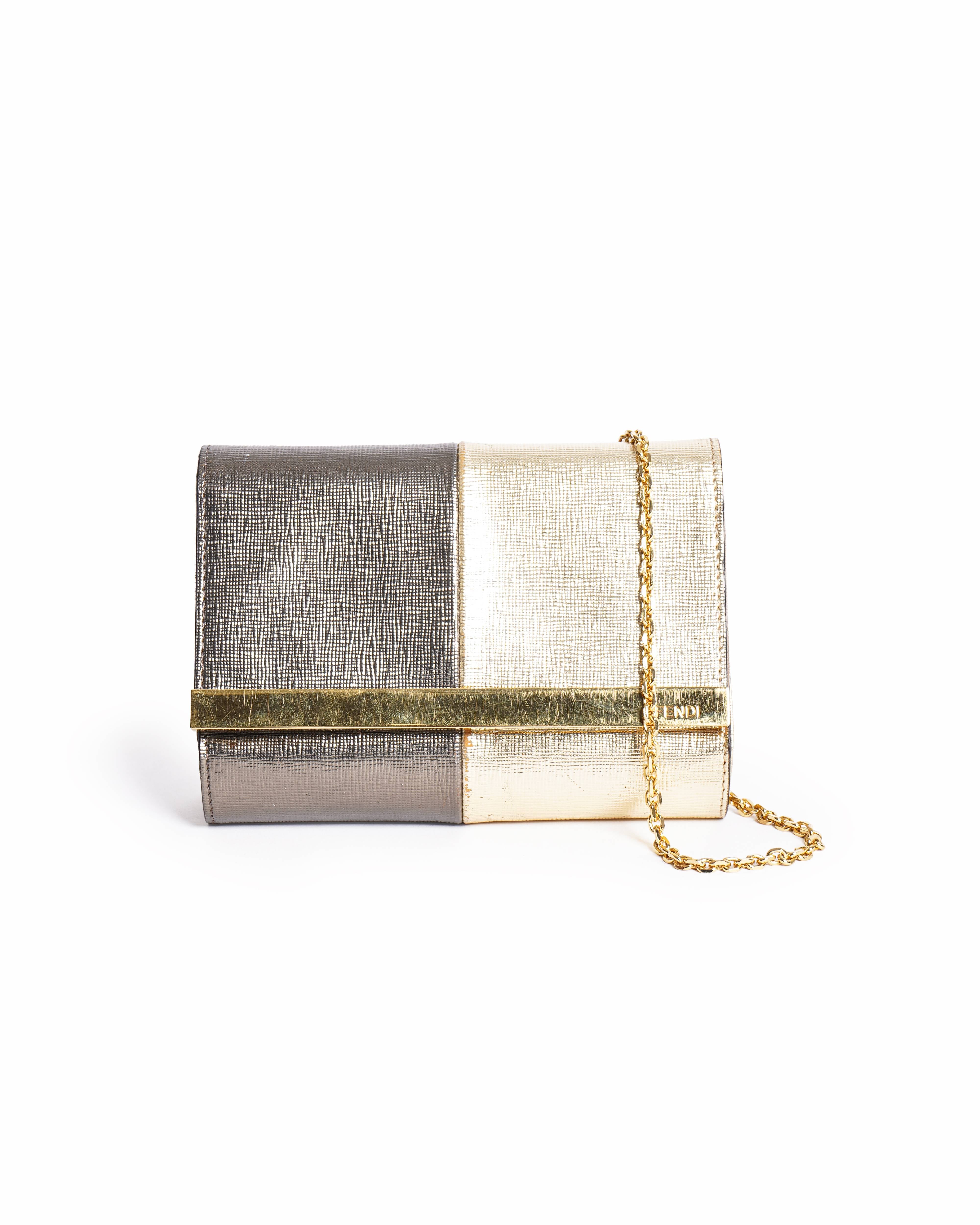 Fendi Metallic Patent Leather Mini Rush Chain Clutch