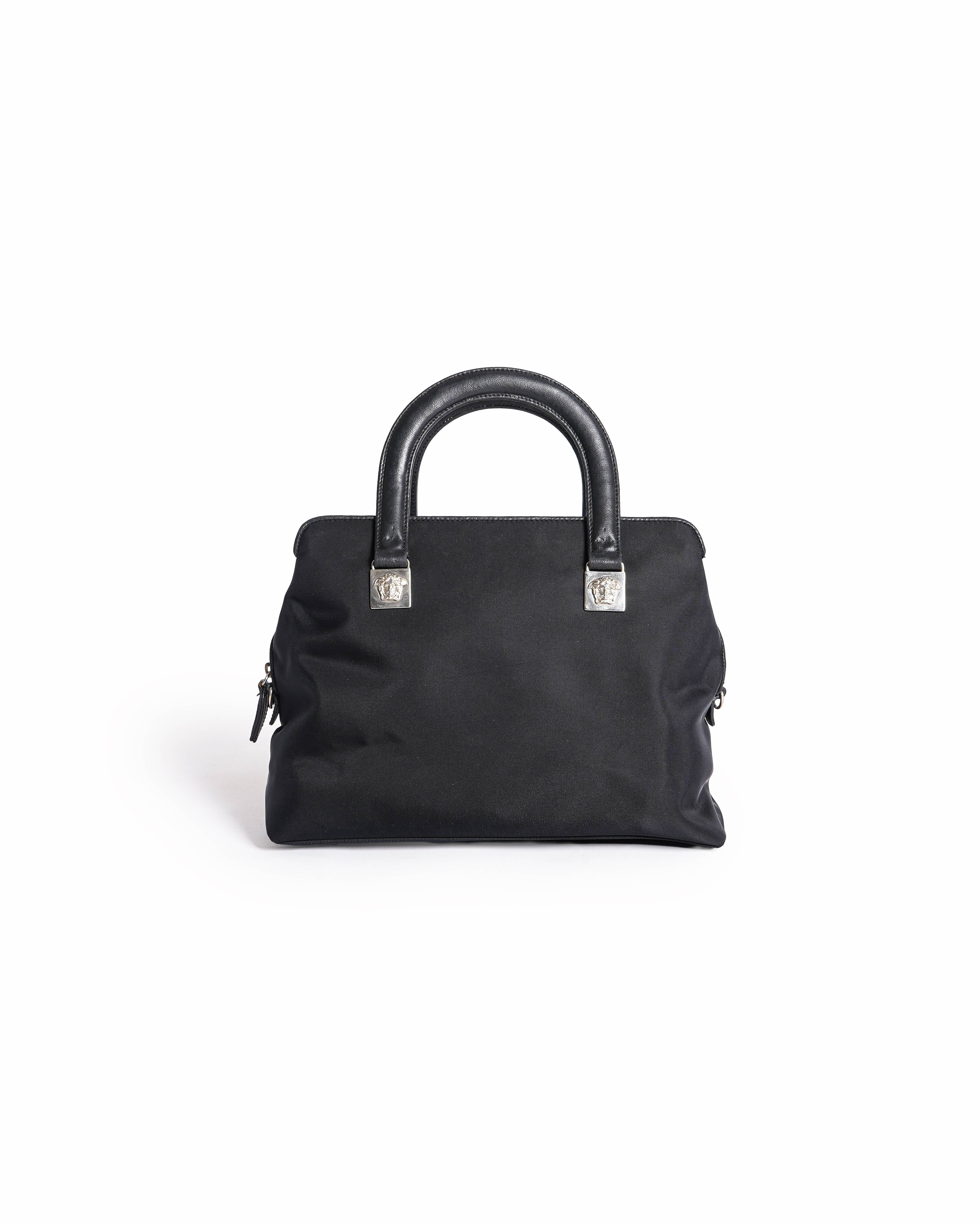 Vintage Versace Black Nylon and Leather Medusa Head Satchel Bag