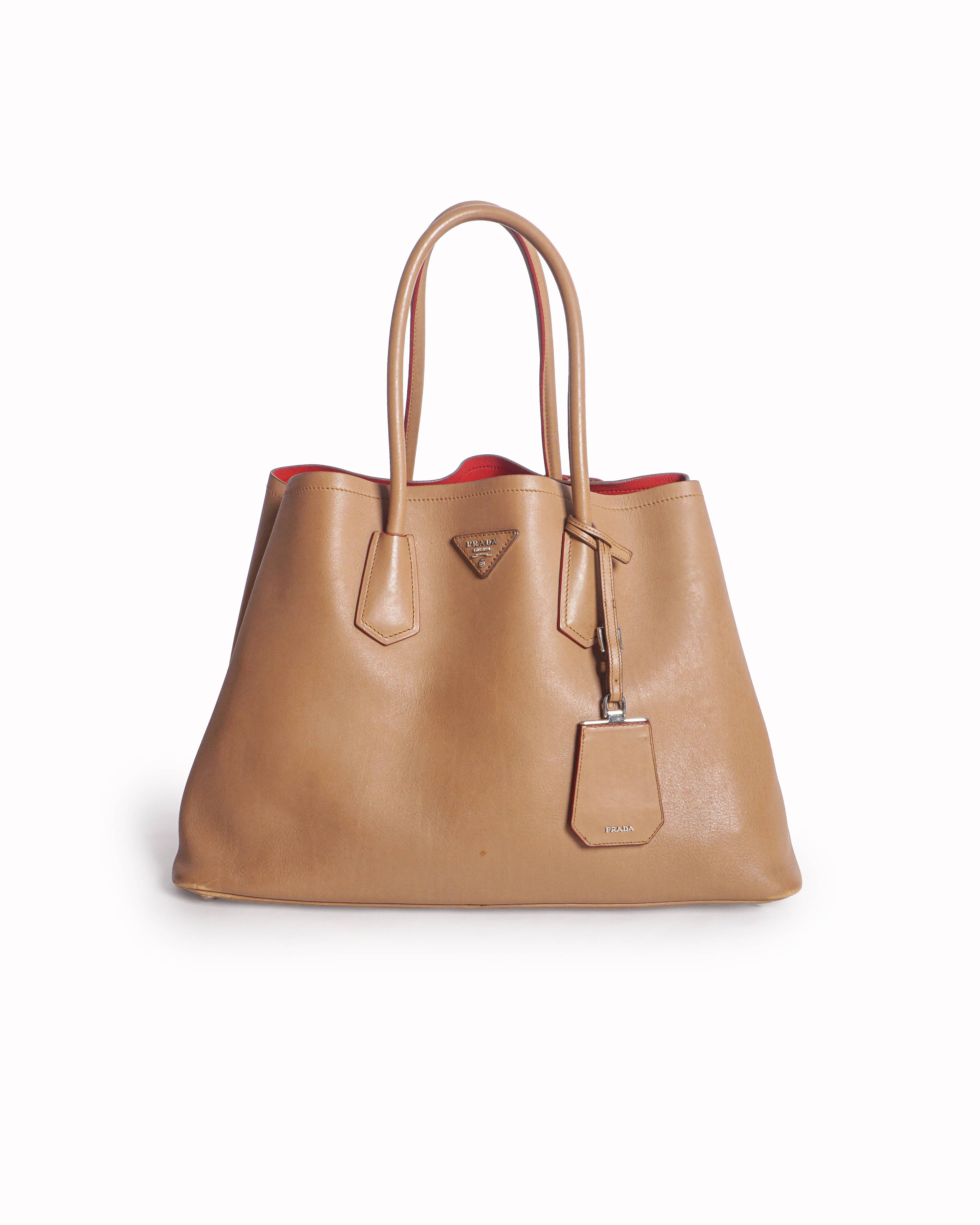 Prada Beige Saffiano Cuir Leather Double Tote Bag
