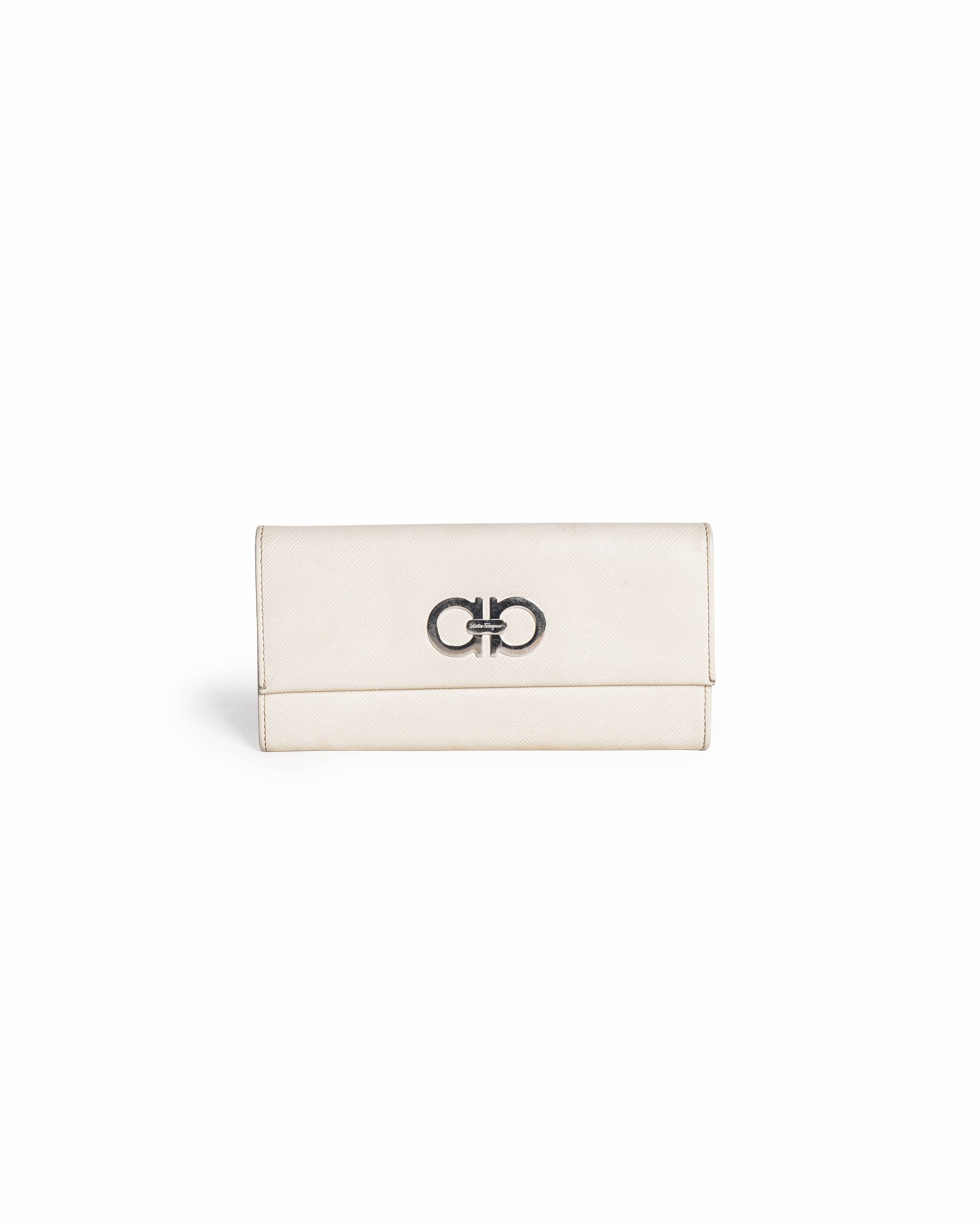 Salvatore Ferragamo Gancini Off-White Saffiano Leather Continental Wallet
