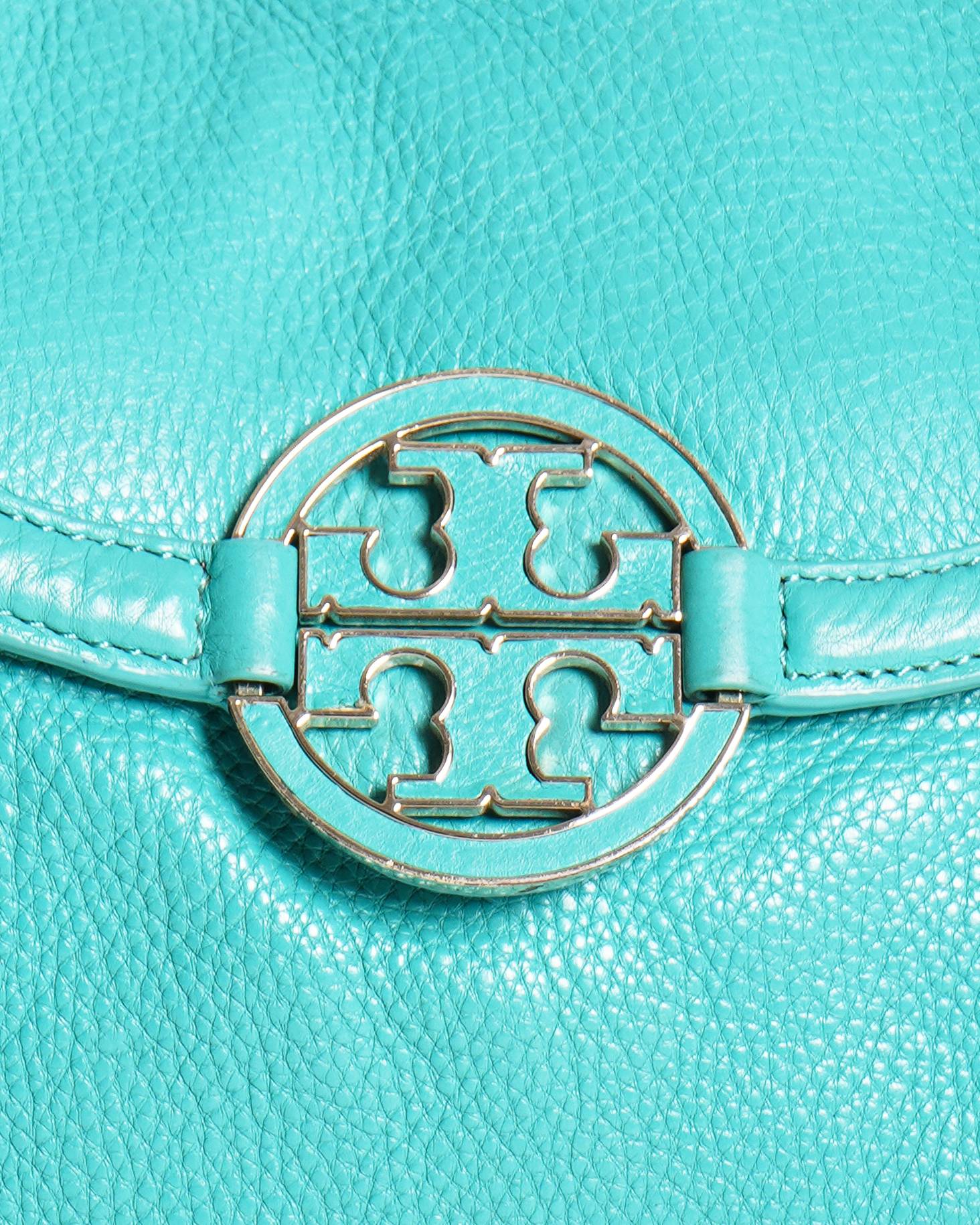 Tory Burch Teal Blue Leather Amanda Flat Hobo Bag