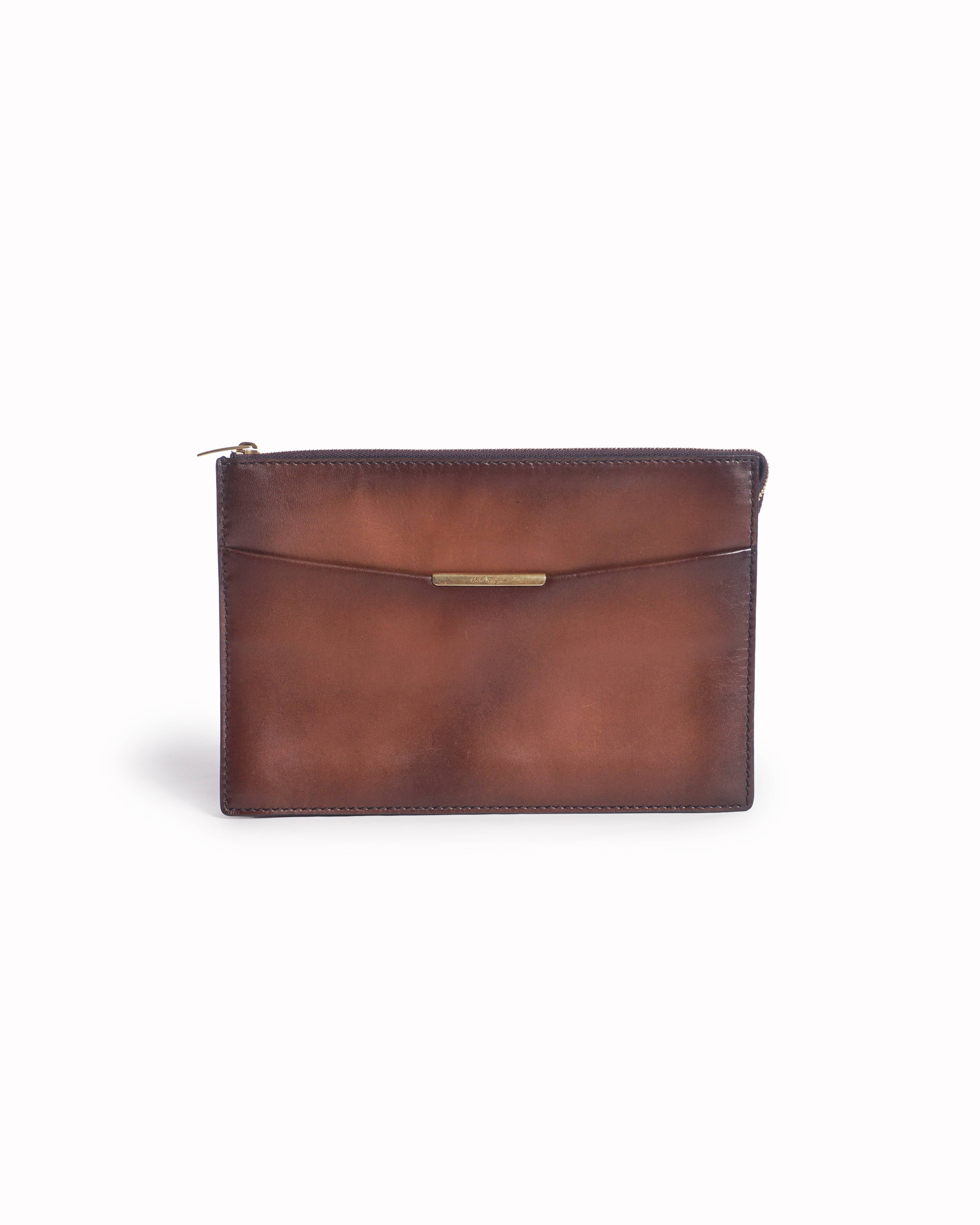 Salvatore Ferragamo Cognac Brown Leather Zip Clutch
