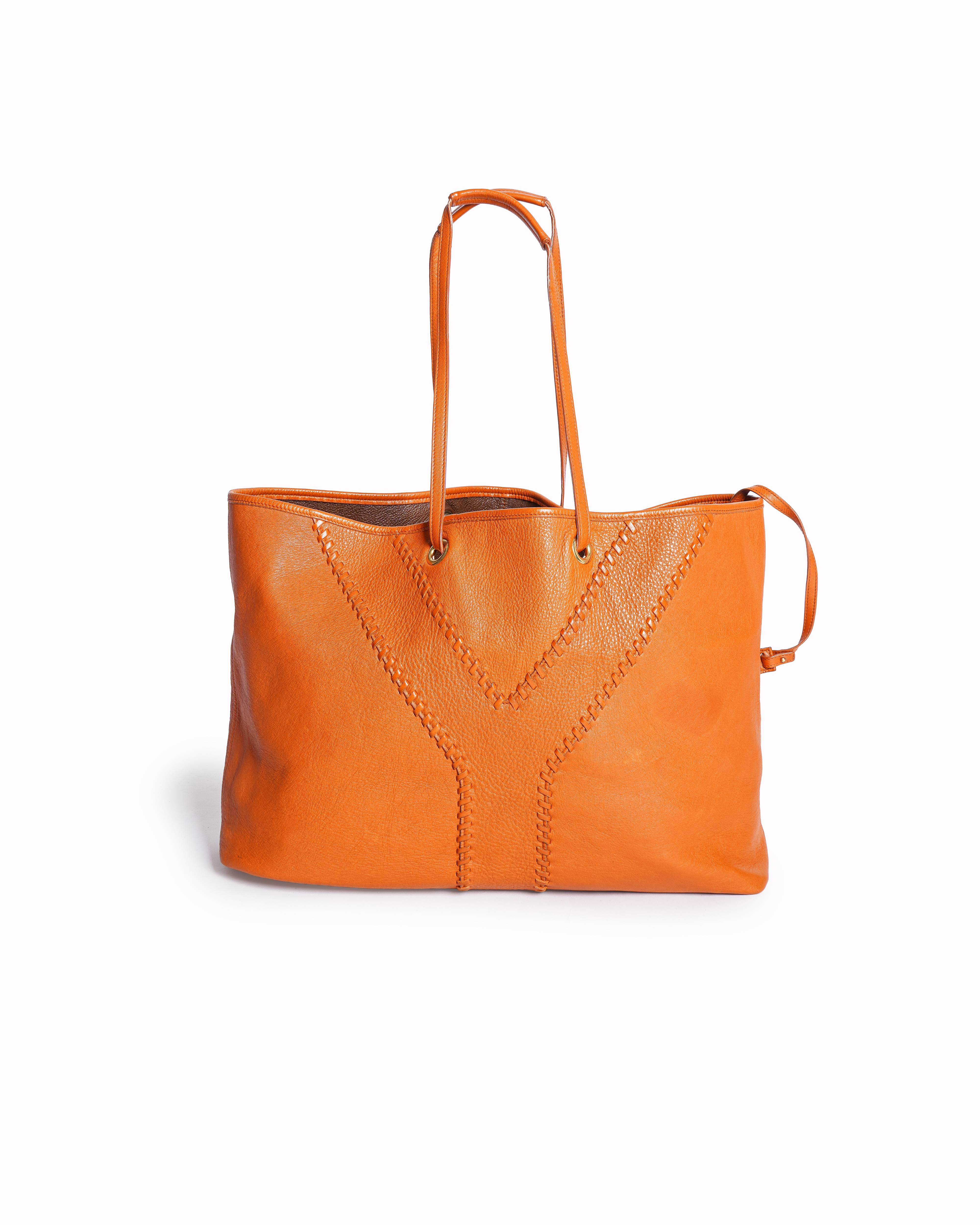 Yves Saint Laurent Orange/Brown Calfskin Leather Reversible Neo Double Tote Bag