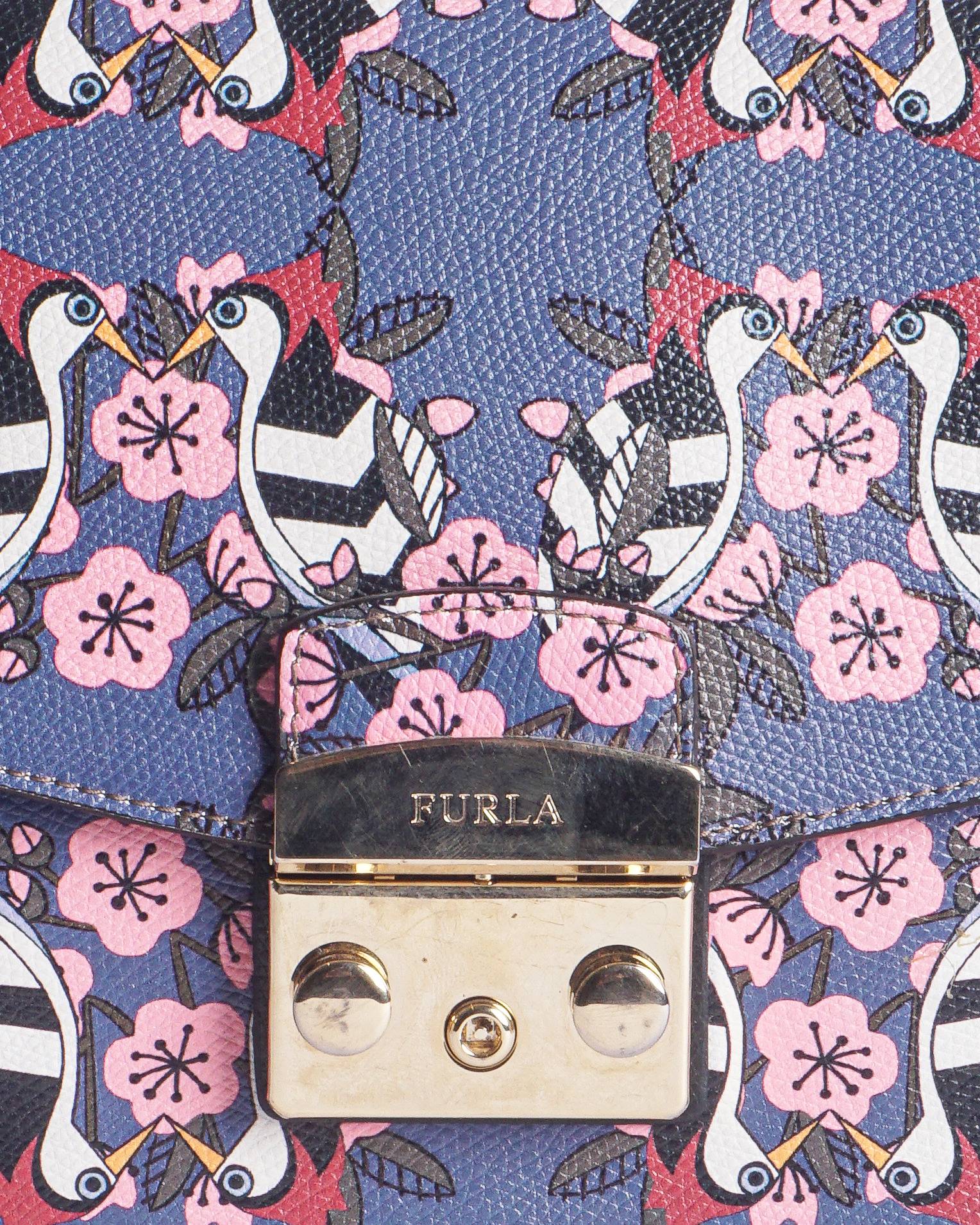 Furla Blue Leather Bird & Floral Print Push-Lock Shoulder Bag