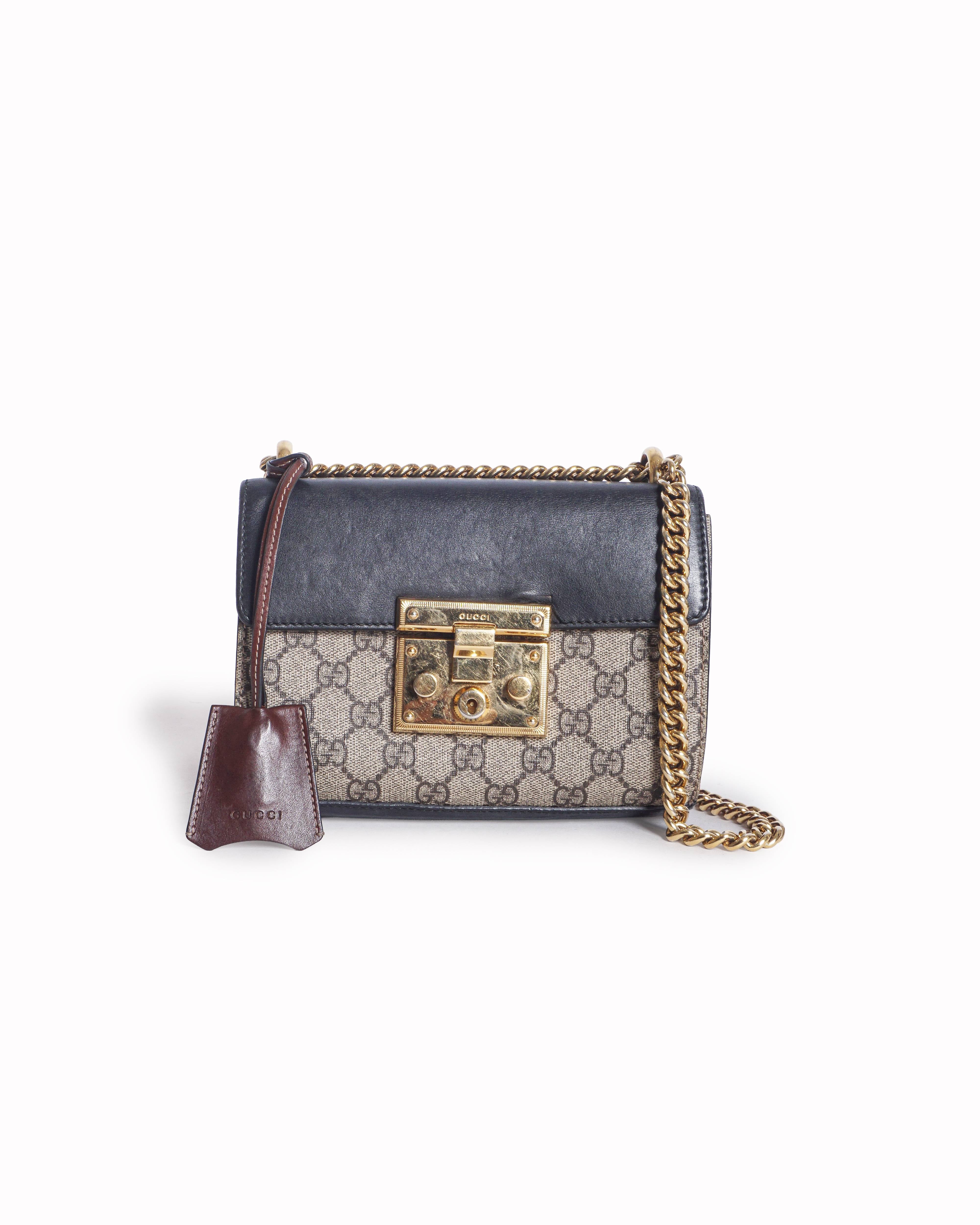 Gucci Black Leather GG Supreme Canvas Padlock Shoulder Bag