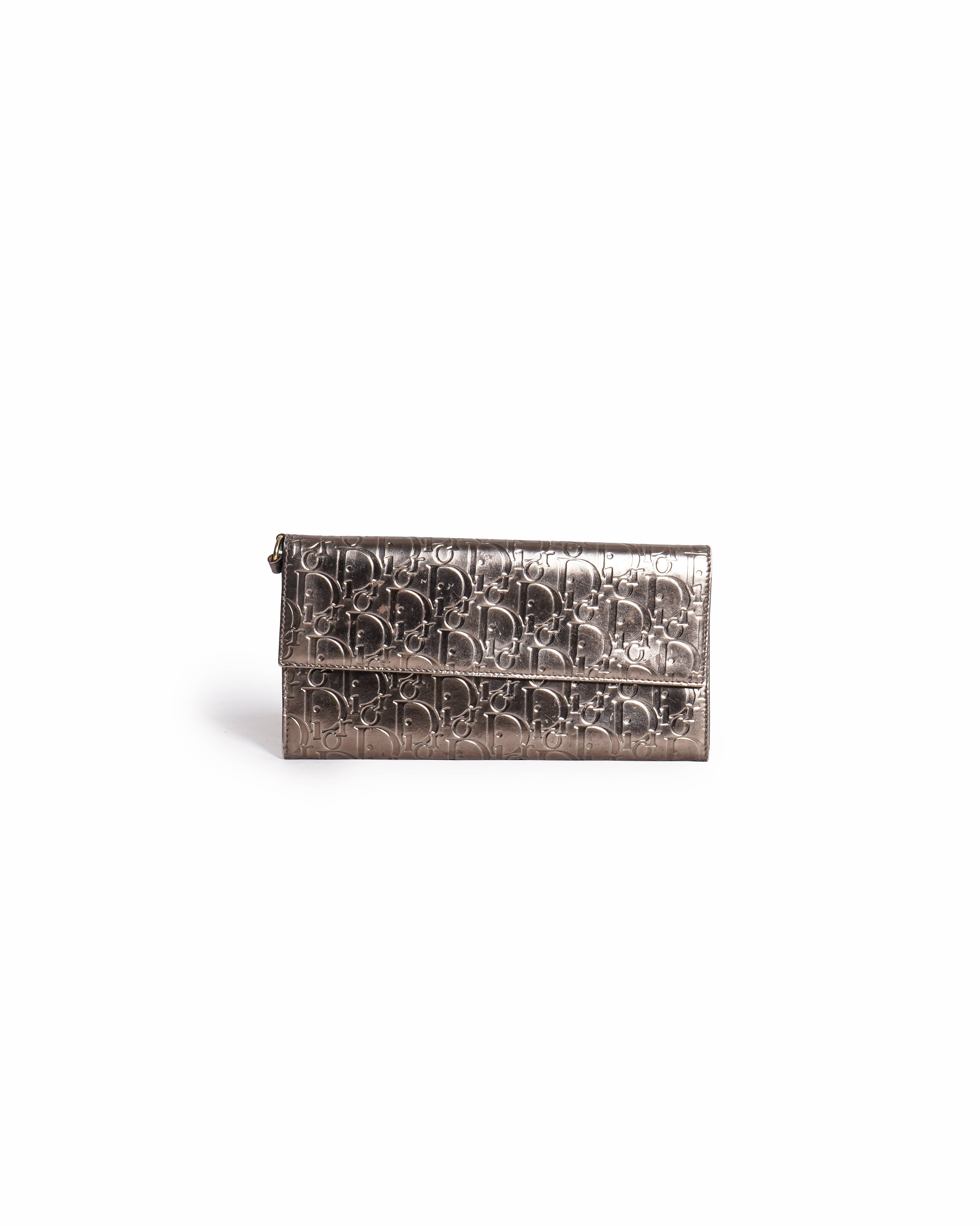 Christian Dior Metallic Gunmetal Diorissimo Embossed Leather Continental Flap Clutch