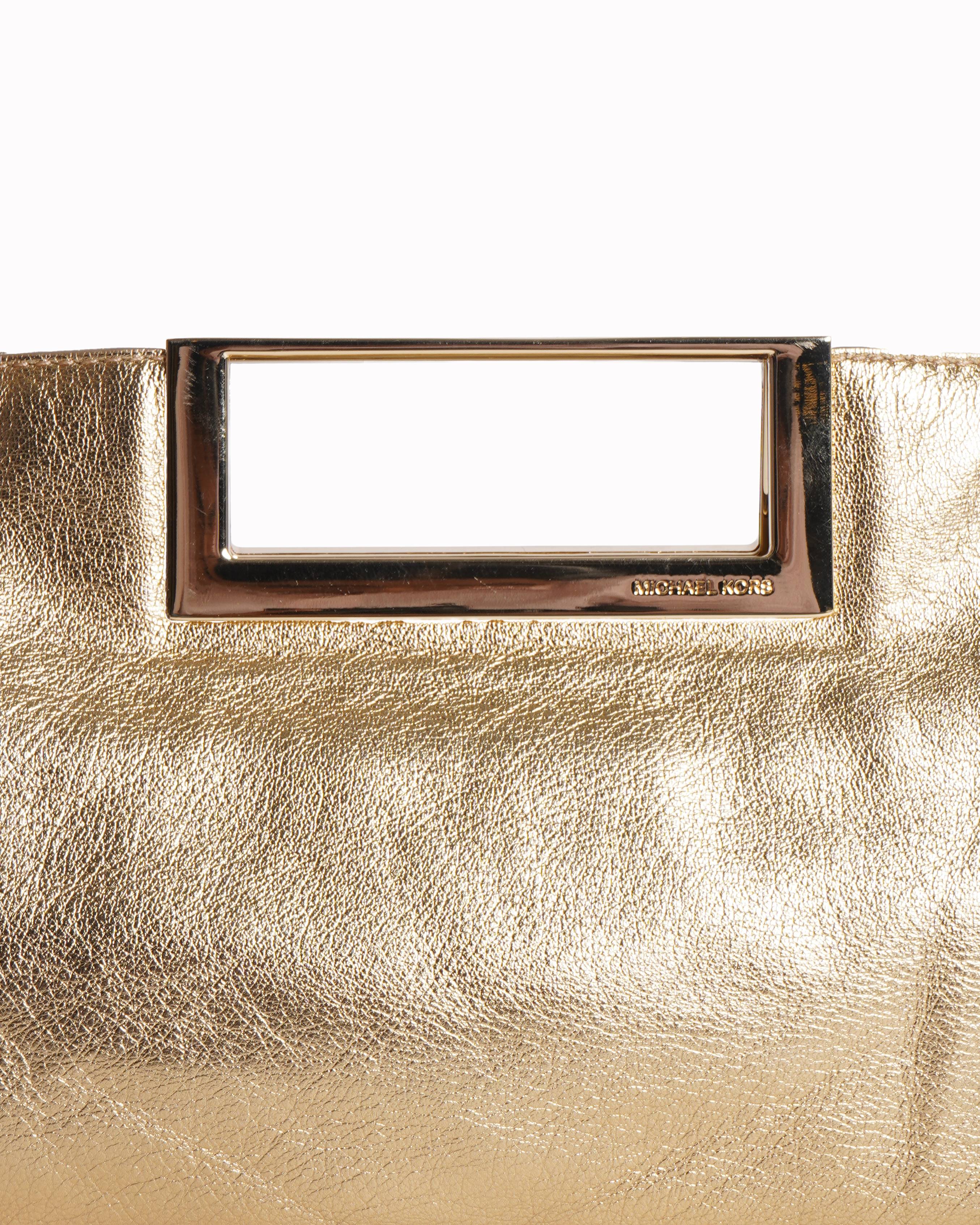 Michael Kors Berkley Large Metallic Gold Leather Clutch with shoulder strap