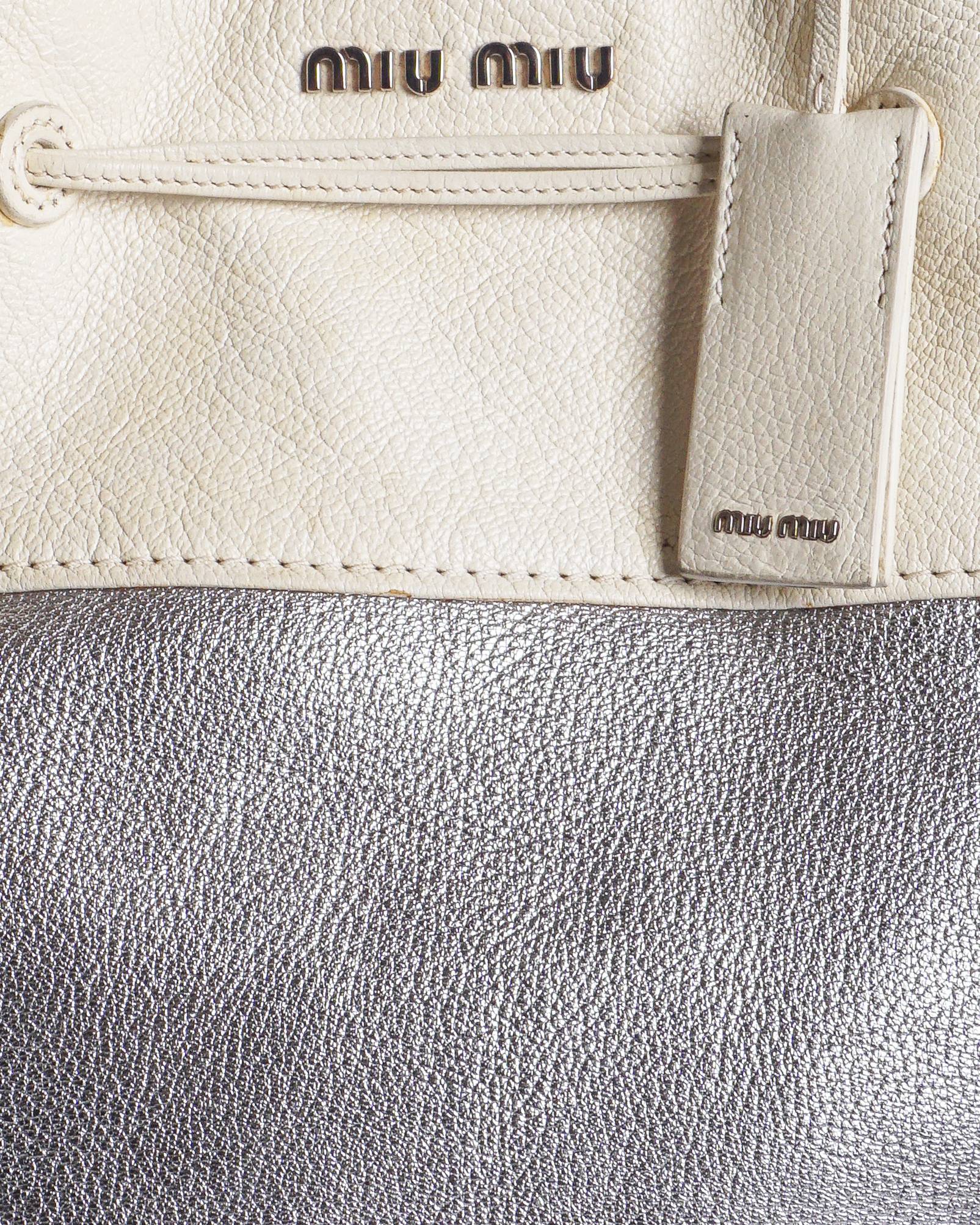 Miu Miu White & Metallic Silver Two-Tone Leather Drawstring Bucket Bag