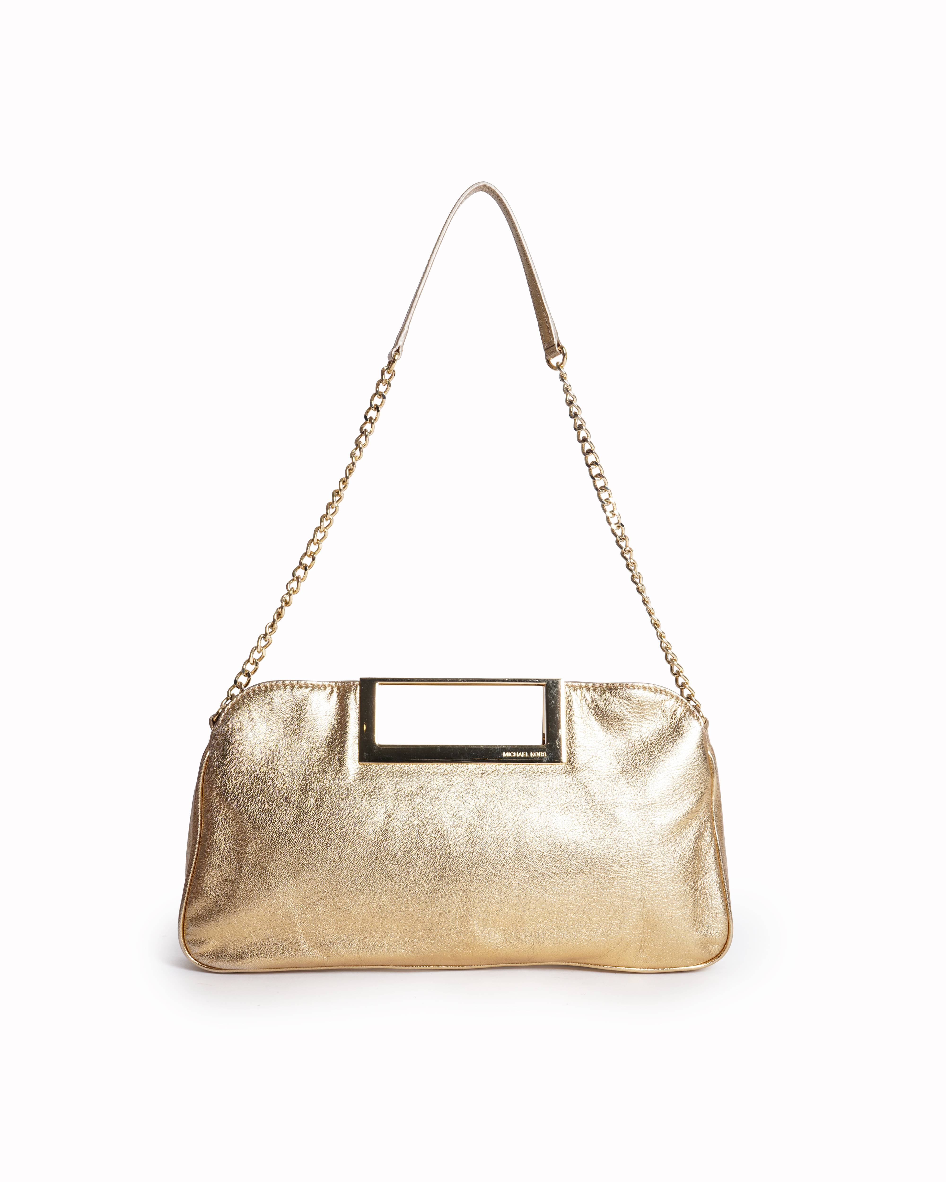 Michael Kors Berkley Large Metallic Gold Leather Clutch with shoulder strap