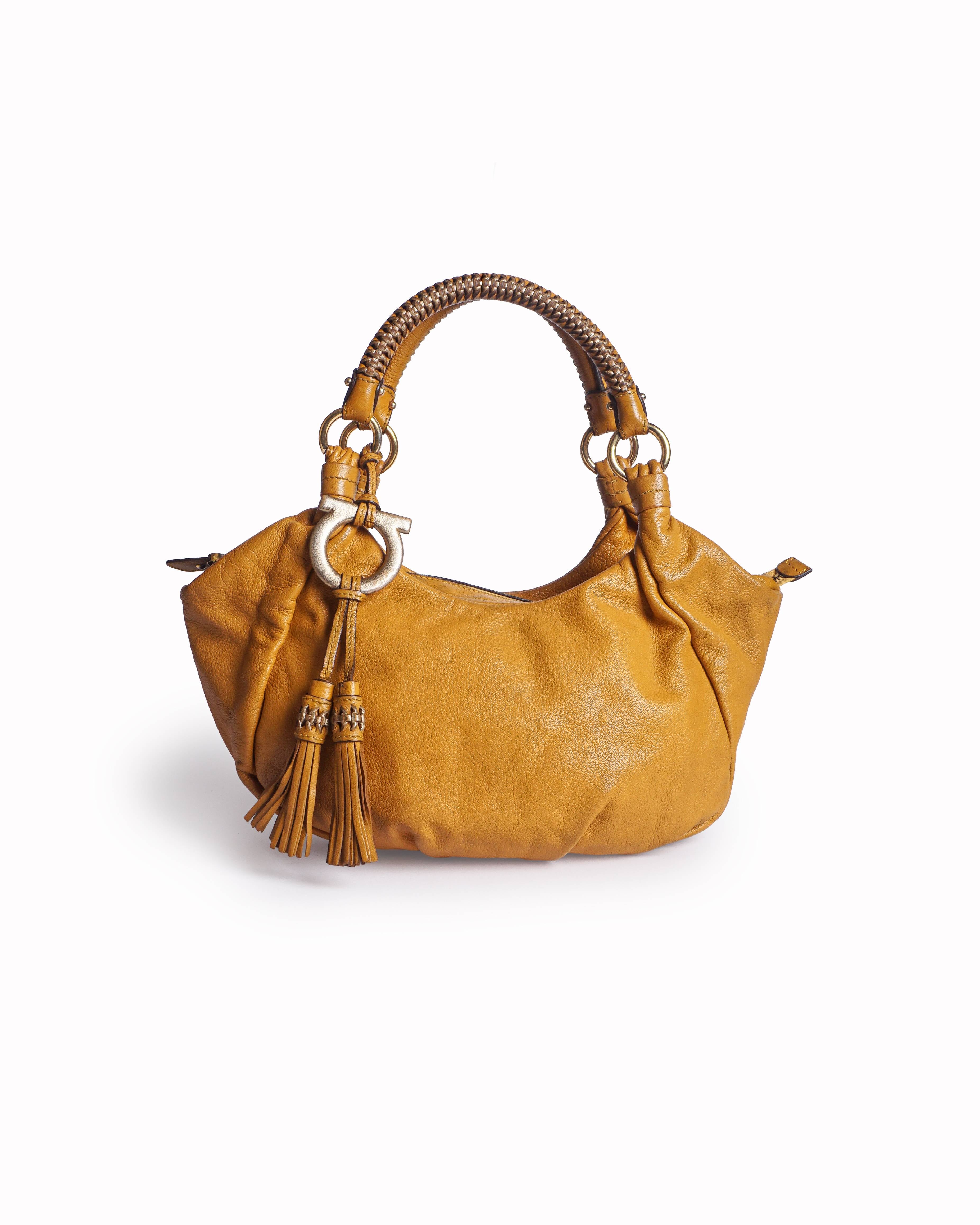 Salvatore Ferragamo Mustard Yellow Pebbled Leather Marisa Hobo Bag